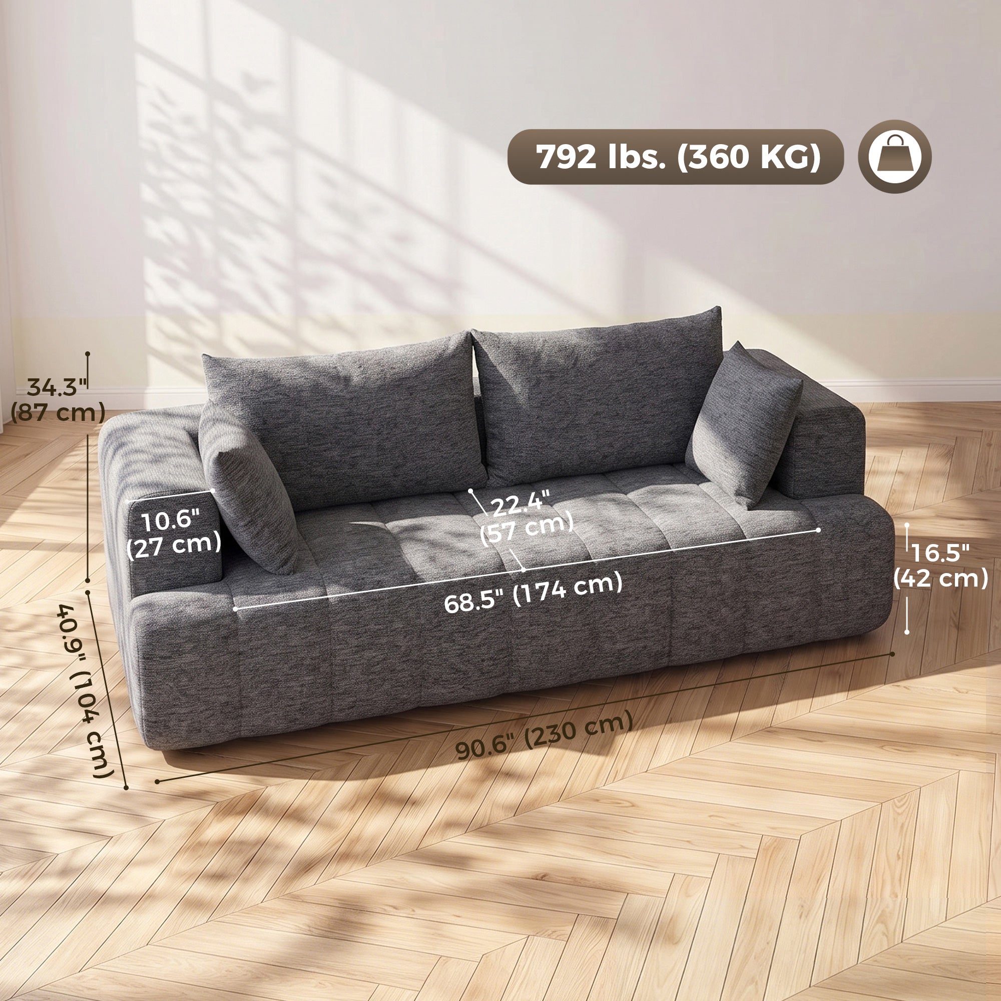 3 Seater Chenille Cloud Couch - Grey Boneless Sofa-Home Furnishings > Living Room Furniture > Sofas & Reclining Chairs > 3-Seater Sofas-DECOROLALA