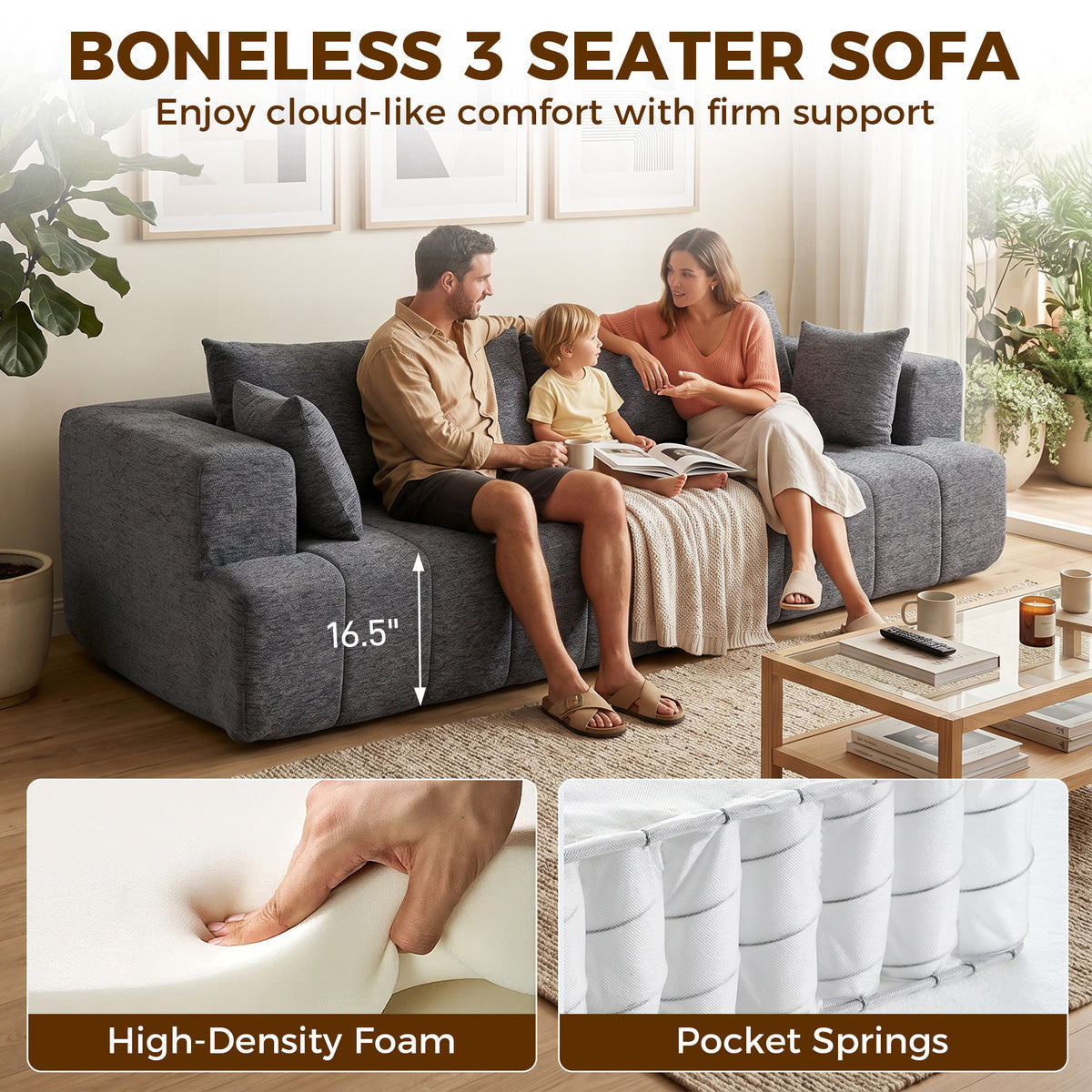 3 Seater Chenille Cloud Couch - Grey Boneless Sofa-Home Furnishings > Living Room Furniture > Sofas & Reclining Chairs > 3-Seater Sofas-DECOROLALA