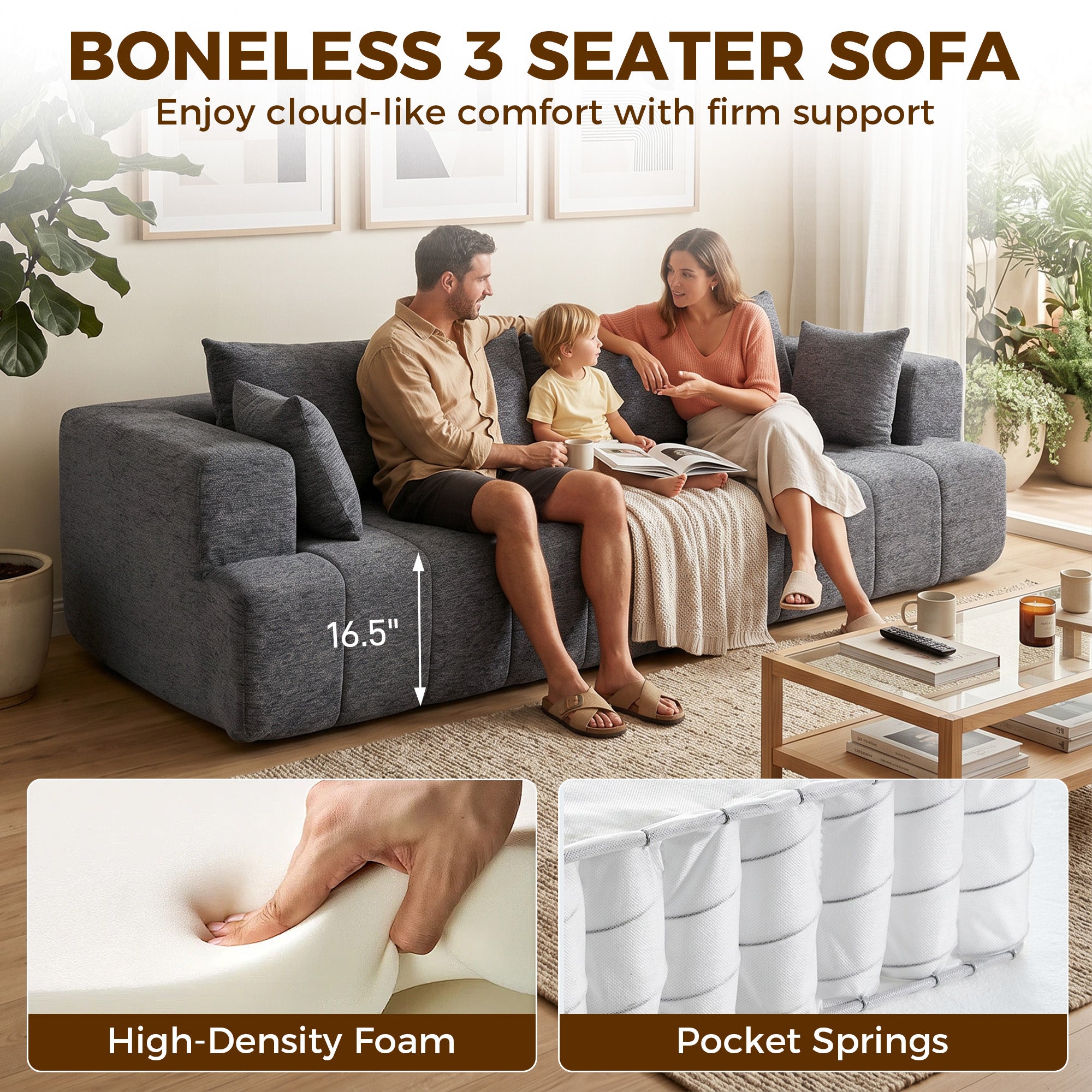 3 Seater Chenille Cloud Couch - Grey Boneless Sofa-Home Furnishings > Living Room Furniture > Sofas & Reclining Chairs > 3-Seater Sofas-DECOROLALA