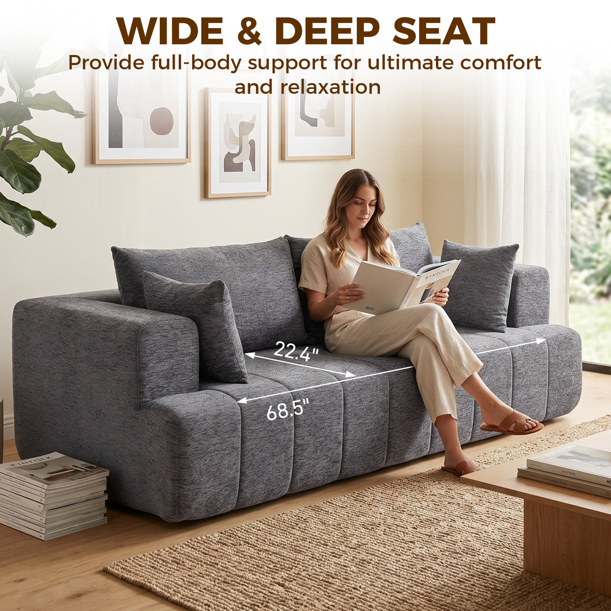 3 Seater Chenille Cloud Couch - Grey Boneless Sofa-Home Furnishings > Living Room Furniture > Sofas & Reclining Chairs > 3-Seater Sofas-DECOROLALA