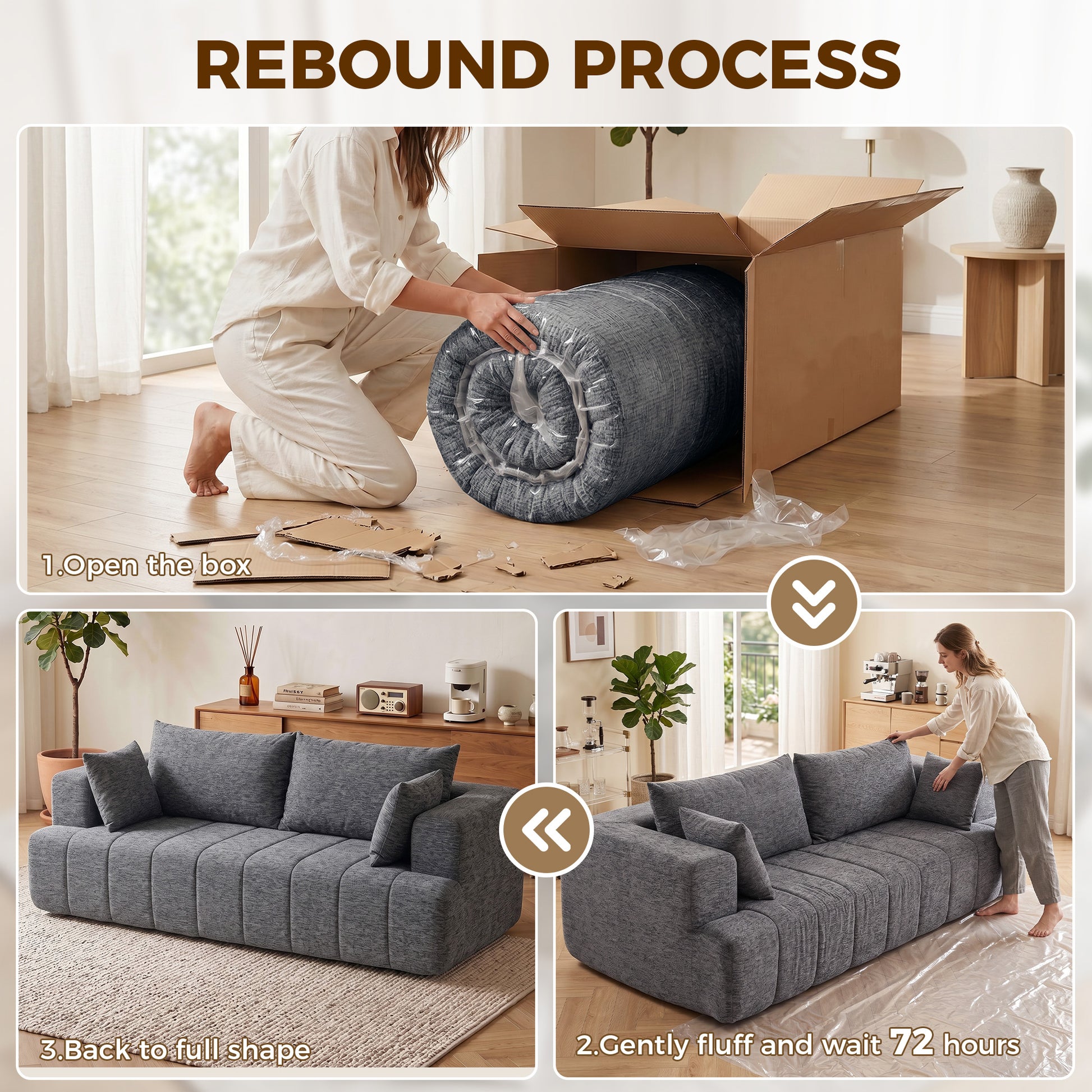 3 Seater Chenille Cloud Couch - Grey Boneless Sofa-Home Furnishings > Living Room Furniture > Sofas & Reclining Chairs > 3-Seater Sofas-DECOROLALA