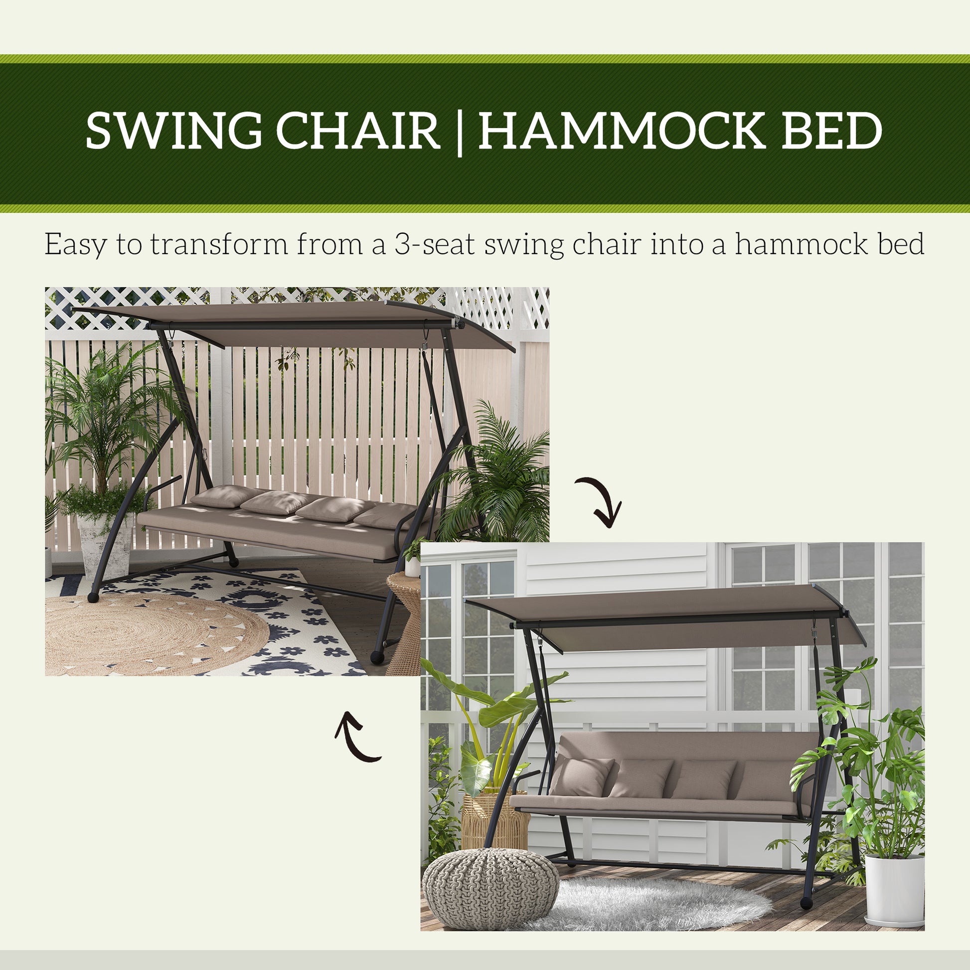 3-Seater Convertible Swing Bed Light Brown Outdoor Lounger-DECOROLALA