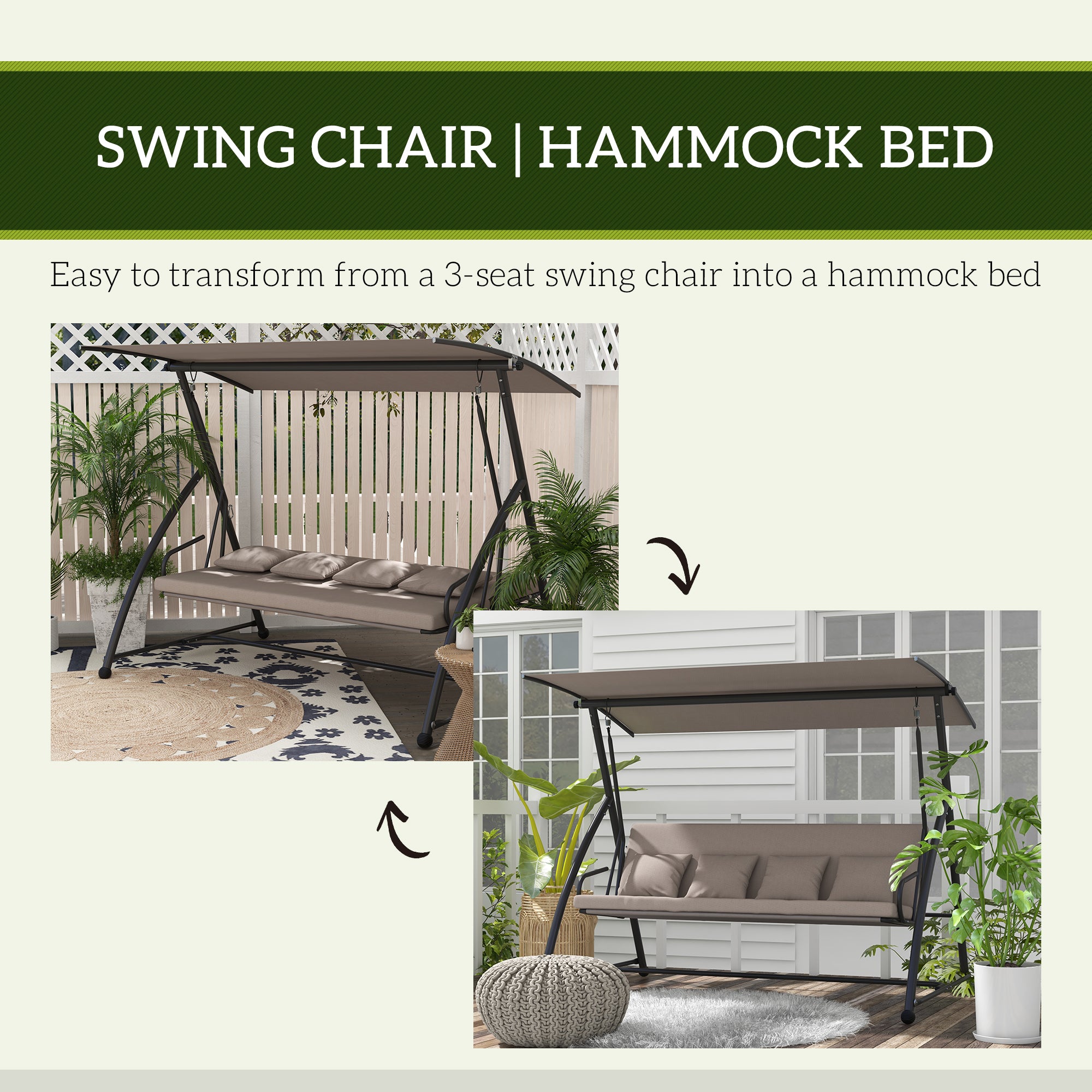 3-Seater Convertible Swing Bed Light Brown Outdoor Lounger-DECOROLALA