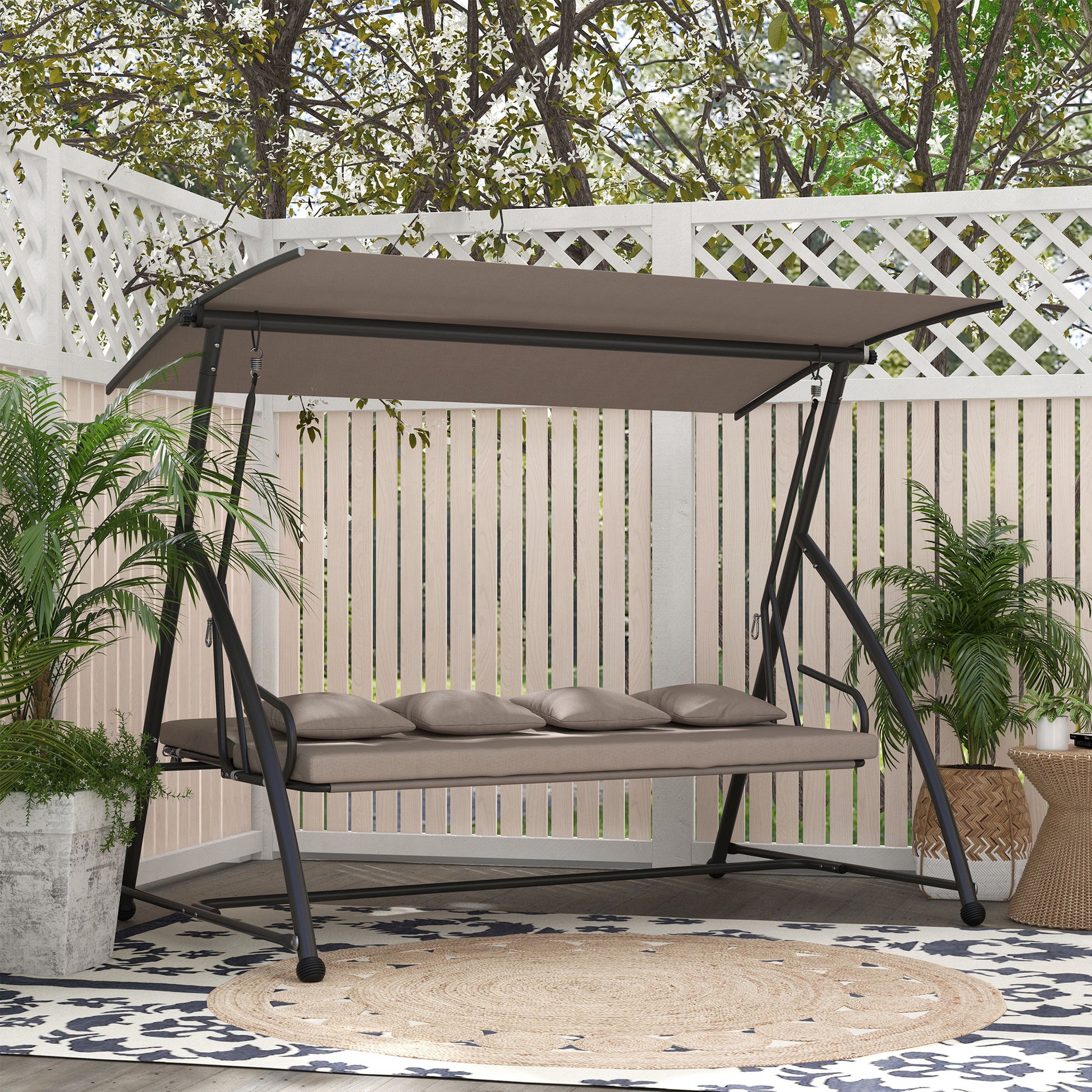 3-Seater Convertible Swing Bed Light Brown Outdoor Lounger-DECOROLALA