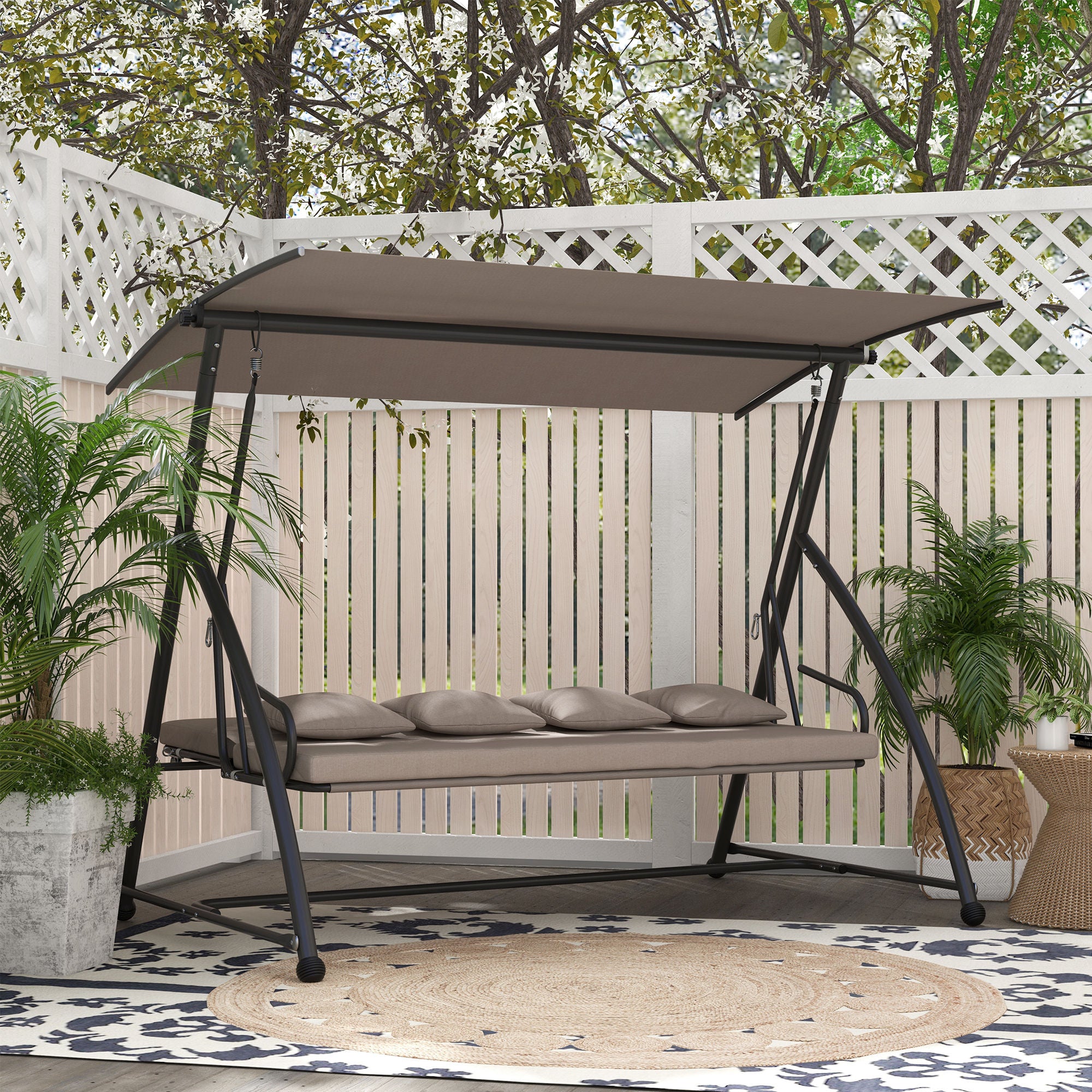 3-Seater Convertible Swing Bed Light Brown Outdoor Lounger-DECOROLALA