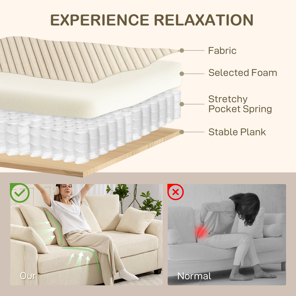 3 Seater Corduroy Sofa - Beige Curved Armrests-Sofas-DECOROLALA