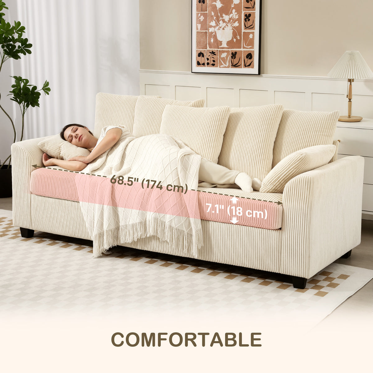3 Seater Corduroy Sofa - Beige Curved Armrests-Sofas-DECOROLALA