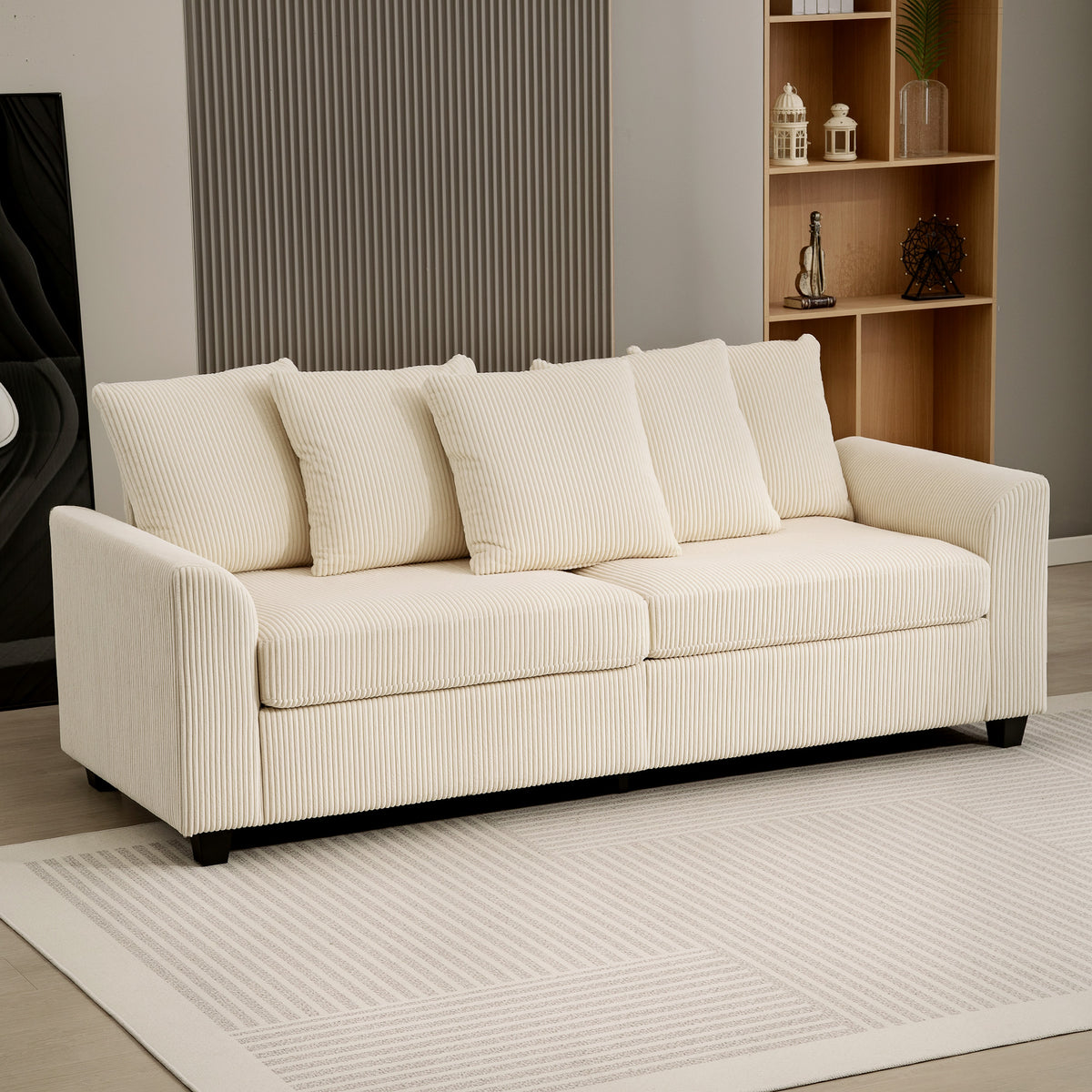 3 Seater Corduroy Sofa - Beige Curved Armrests-Sofas-DECOROLALA