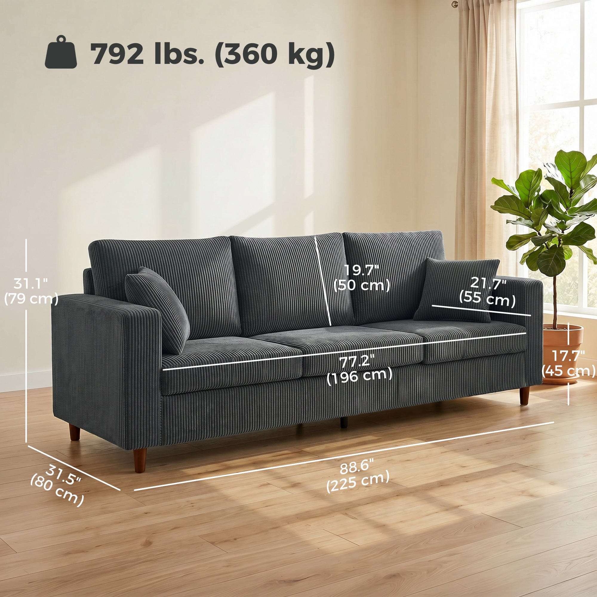 3-Seater Corduroy Sofa - Dark Grey Deep Seat Couch-Home Furnishings > Living Room Furniture > Sofas & Reclining Chairs > 3-Seater Sofas-DECOROLALA