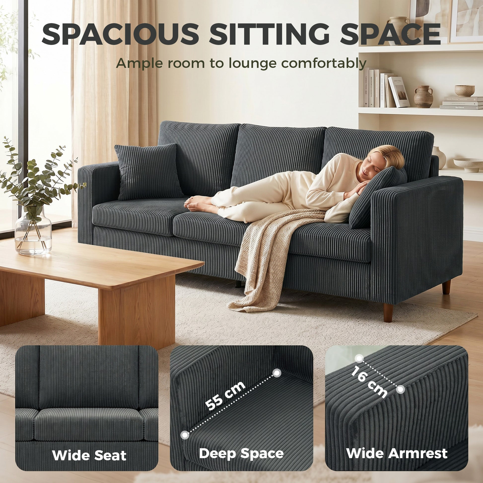 3-Seater Corduroy Sofa - Dark Grey Deep Seat Couch-Home Furnishings > Living Room Furniture > Sofas & Reclining Chairs > 3-Seater Sofas-DECOROLALA