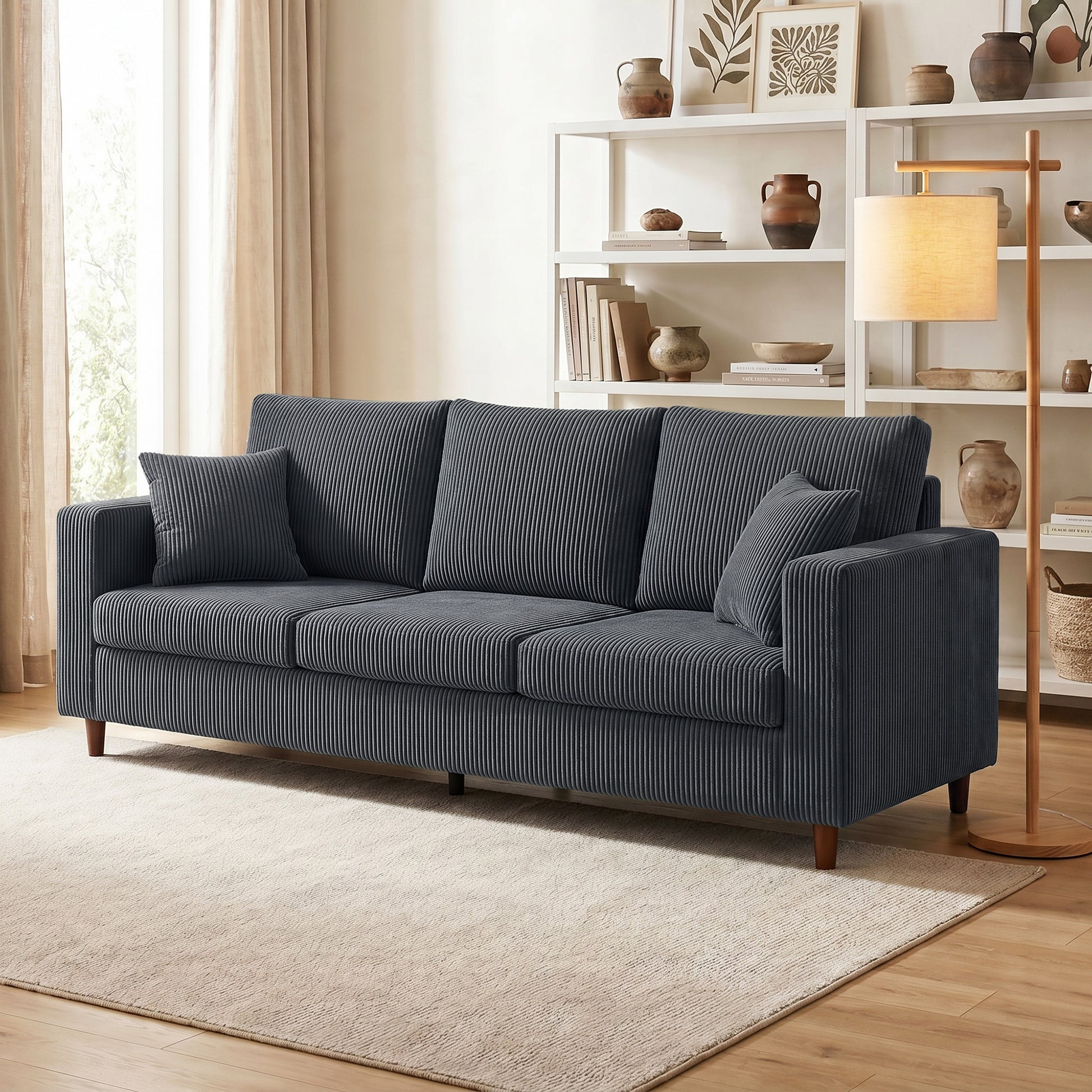 3-Seater Corduroy Sofa - Dark Grey Deep Seat Couch-Home Furnishings > Living Room Furniture > Sofas & Reclining Chairs > 3-Seater Sofas-DECOROLALA
