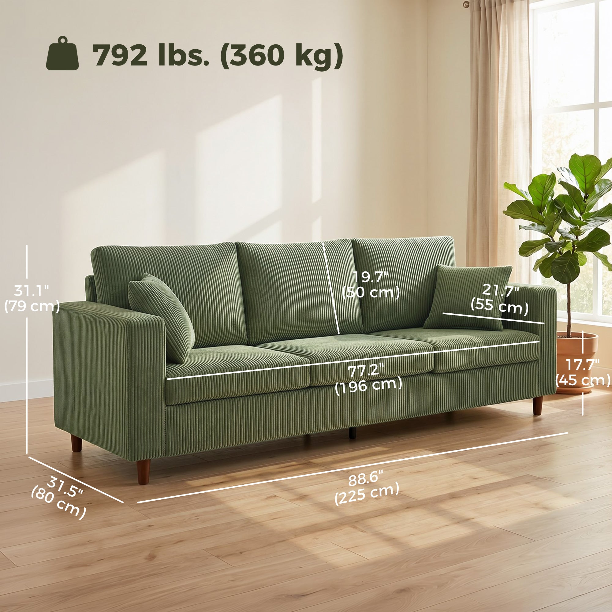 3-Seater Corduroy Sofa - Green Deep Seat Couch-Home Furnishings > Living Room Furniture > Sofas & Reclining Chairs > 3-Seater Sofas-DECOROLALA