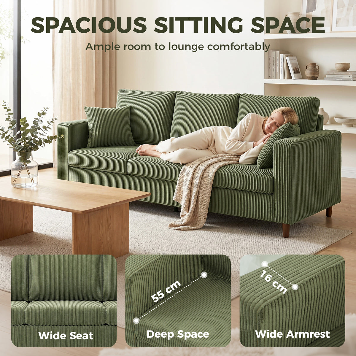 3-Seater Corduroy Sofa - Green Deep Seat Couch-Home Furnishings > Living Room Furniture > Sofas & Reclining Chairs > 3-Seater Sofas-DECOROLALA