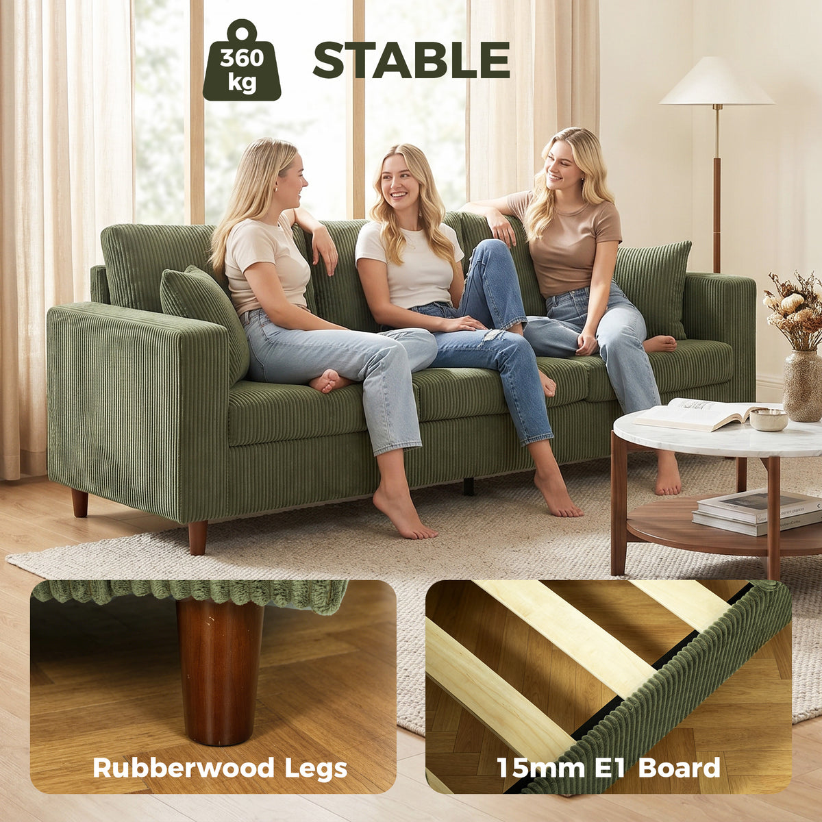 3-Seater Corduroy Sofa - Green Deep Seat Couch-Home Furnishings > Living Room Furniture > Sofas & Reclining Chairs > 3-Seater Sofas-DECOROLALA