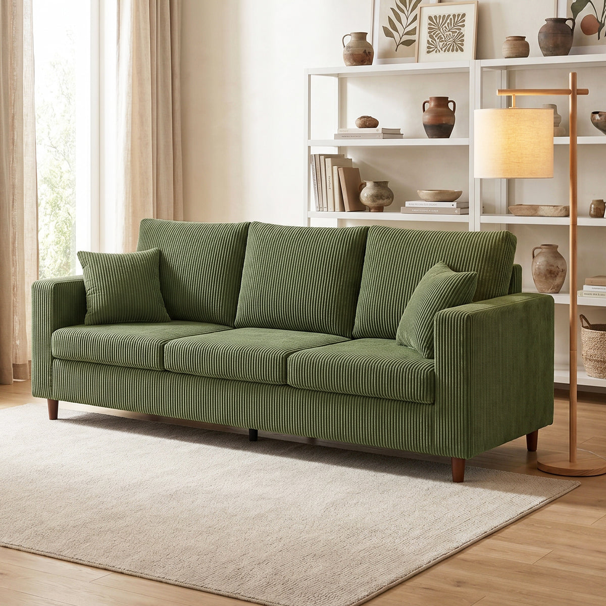 3-Seater Corduroy Sofa - Green Deep Seat Couch-Home Furnishings > Living Room Furniture > Sofas & Reclining Chairs > 3-Seater Sofas-DECOROLALA