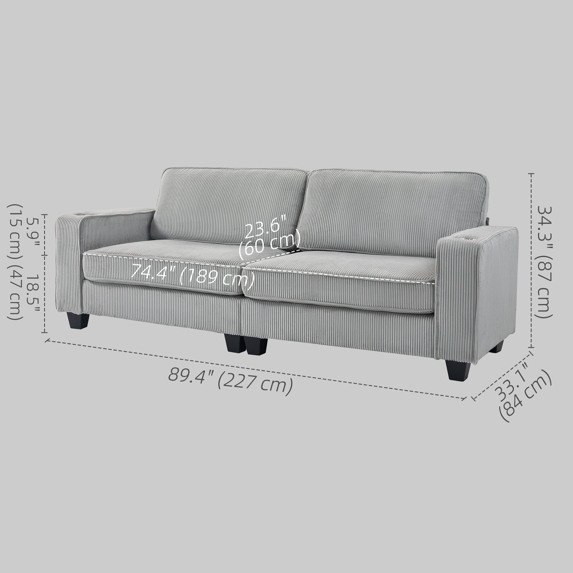 3 Seater Corduroy Sofa with Cup Holders - Light Grey-DECOROLALA