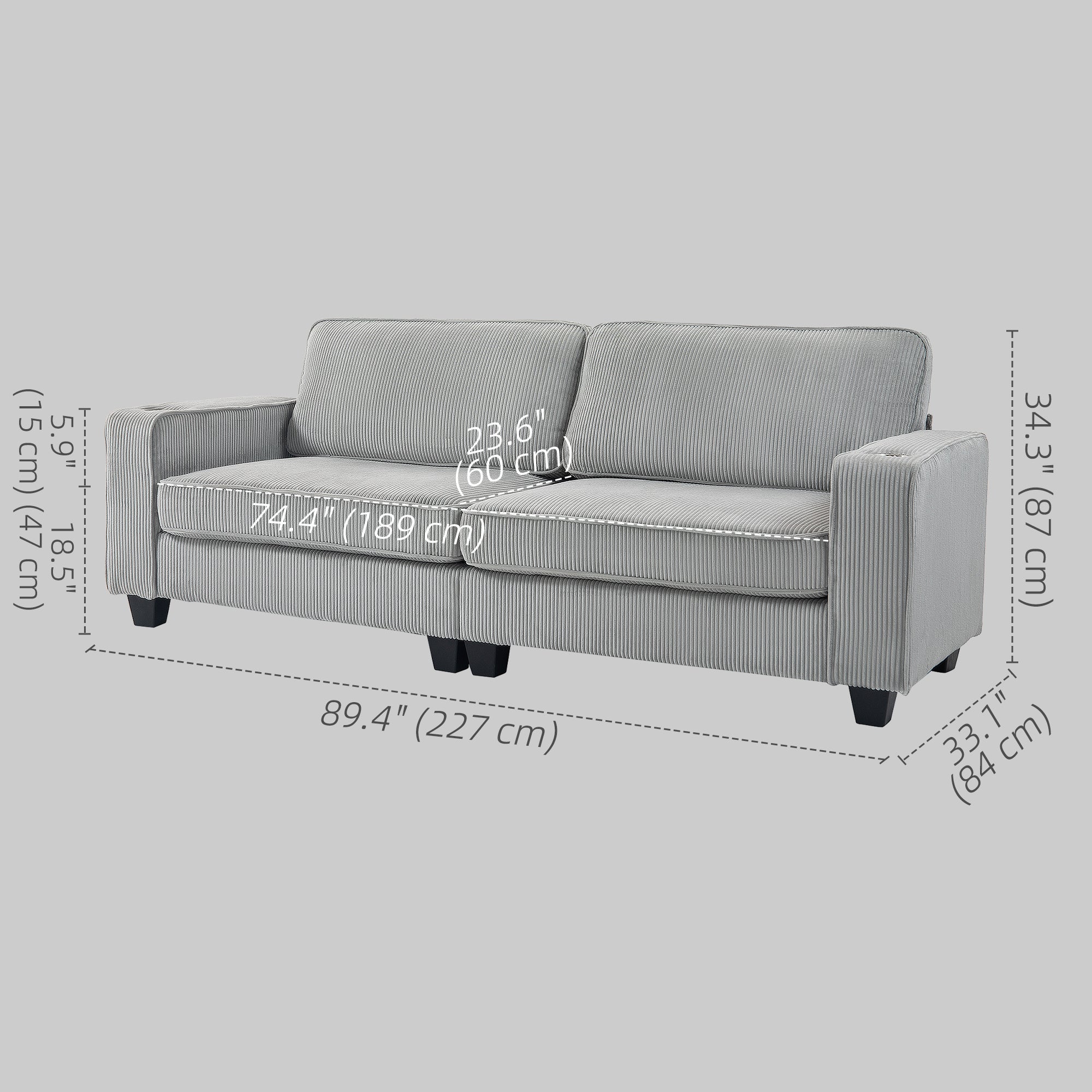 3 Seater Corduroy Sofa with Cup Holders - Light Grey-DECOROLALA