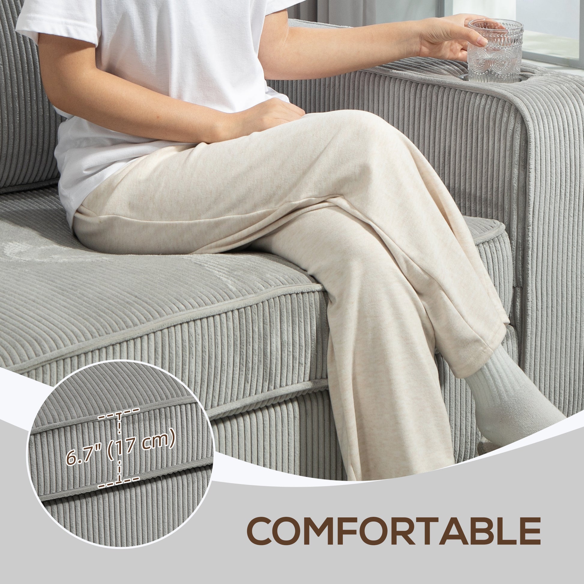 3 Seater Corduroy Sofa with Cup Holders - Light Grey-DECOROLALA