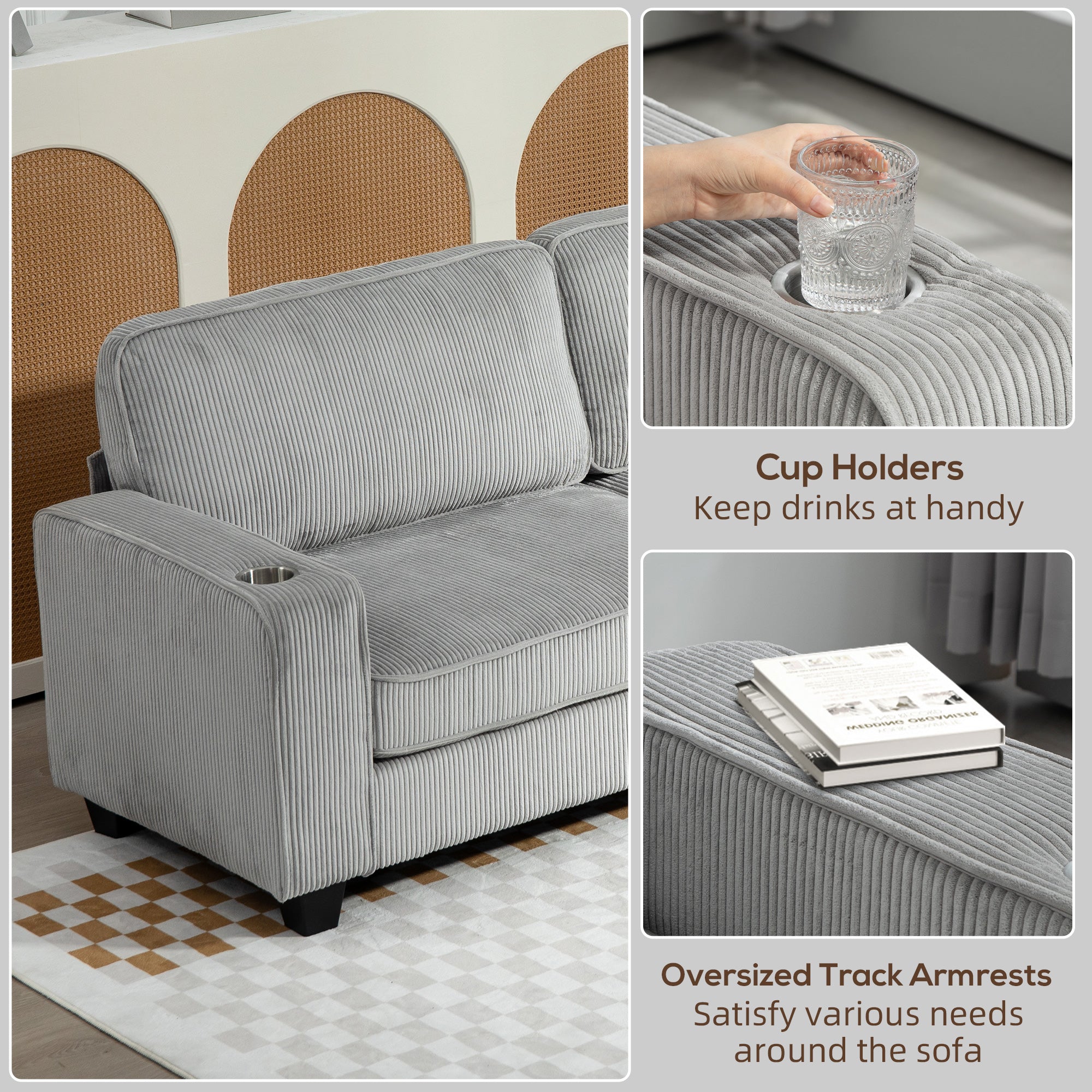 3 Seater Corduroy Sofa with Cup Holders - Light Grey-DECOROLALA