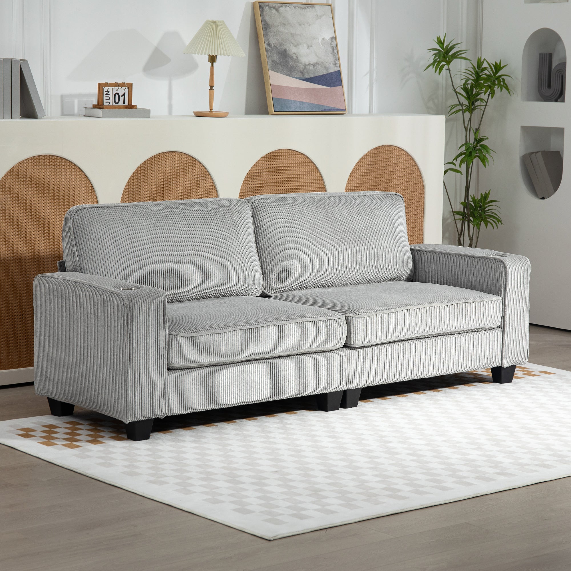 3 Seater Corduroy Sofa with Cup Holders - Light Grey-DECOROLALA