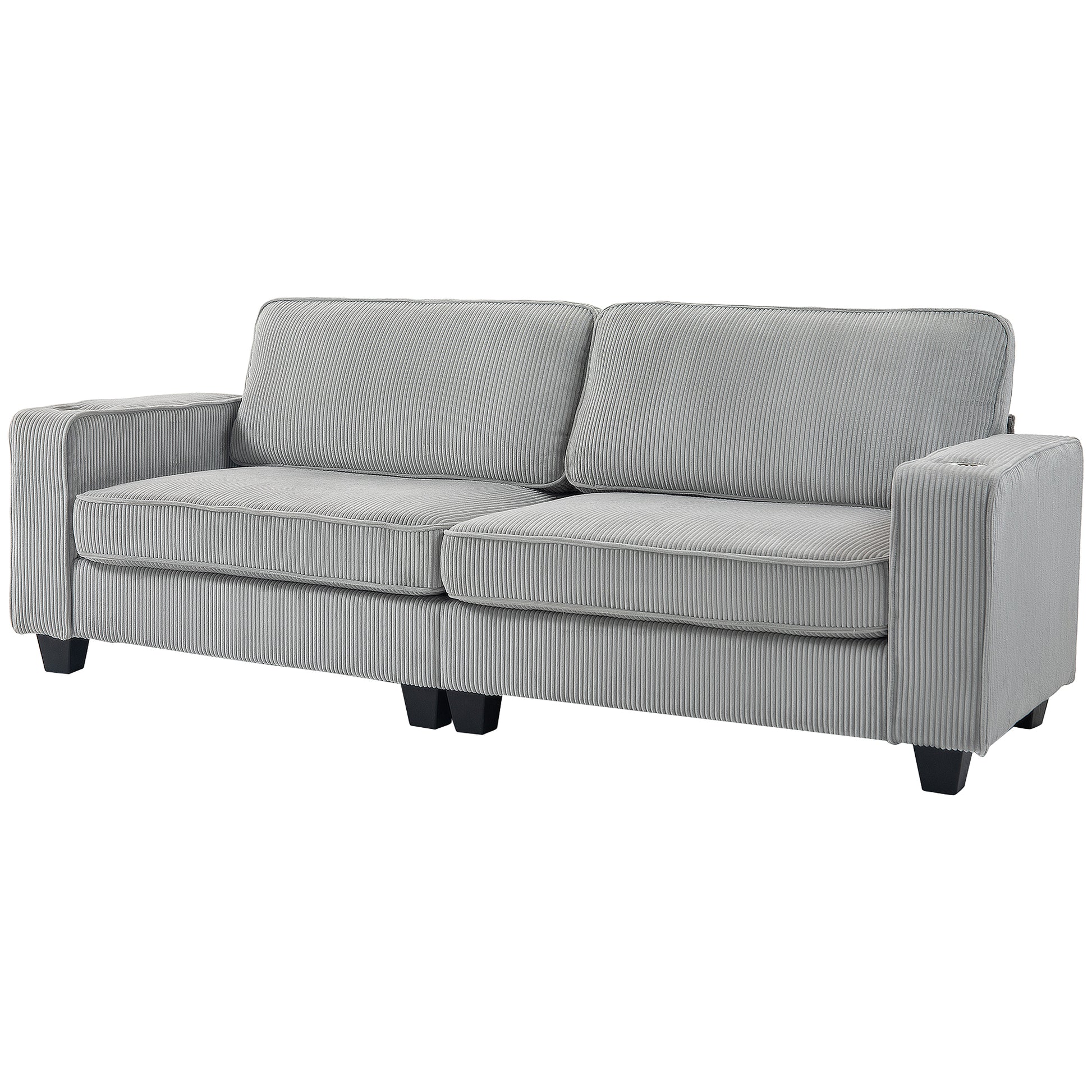 3 Seater Corduroy Sofa with Cup Holders - Light Grey-DECOROLALA