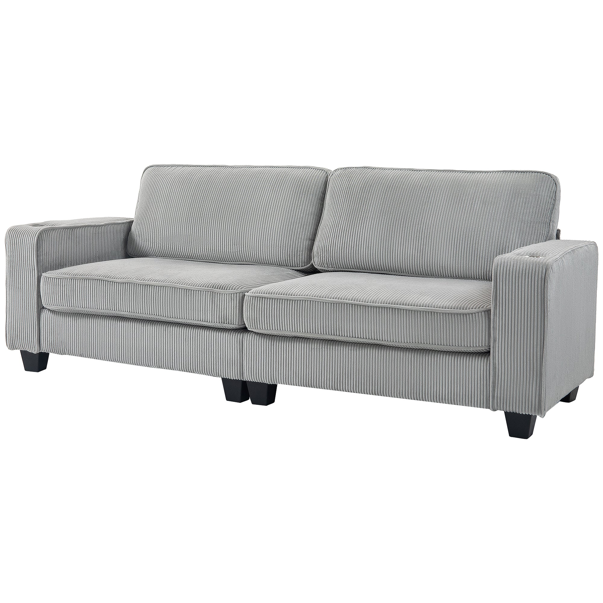 3 Seater Corduroy Sofa with Cup Holders - Light Grey-DECOROLALA