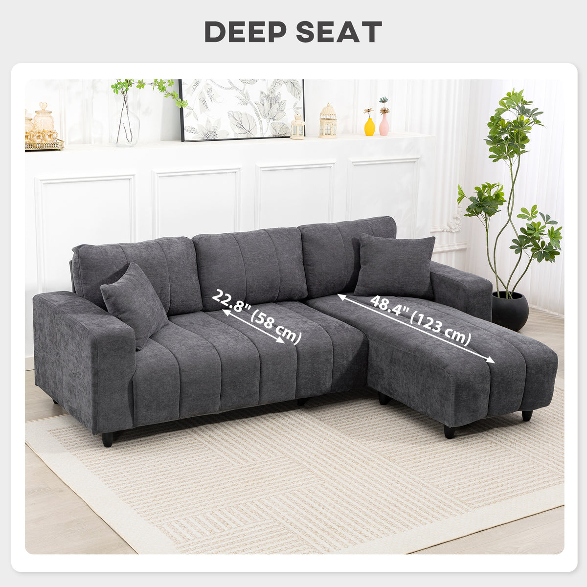 3-Seater L-Shaped Sectional Couch - Charcoal Grey Linen-Home Furnishings > Living Room Furniture > Sofas & Reclining Chairs > L Shaped Couchs-DECOROLALA