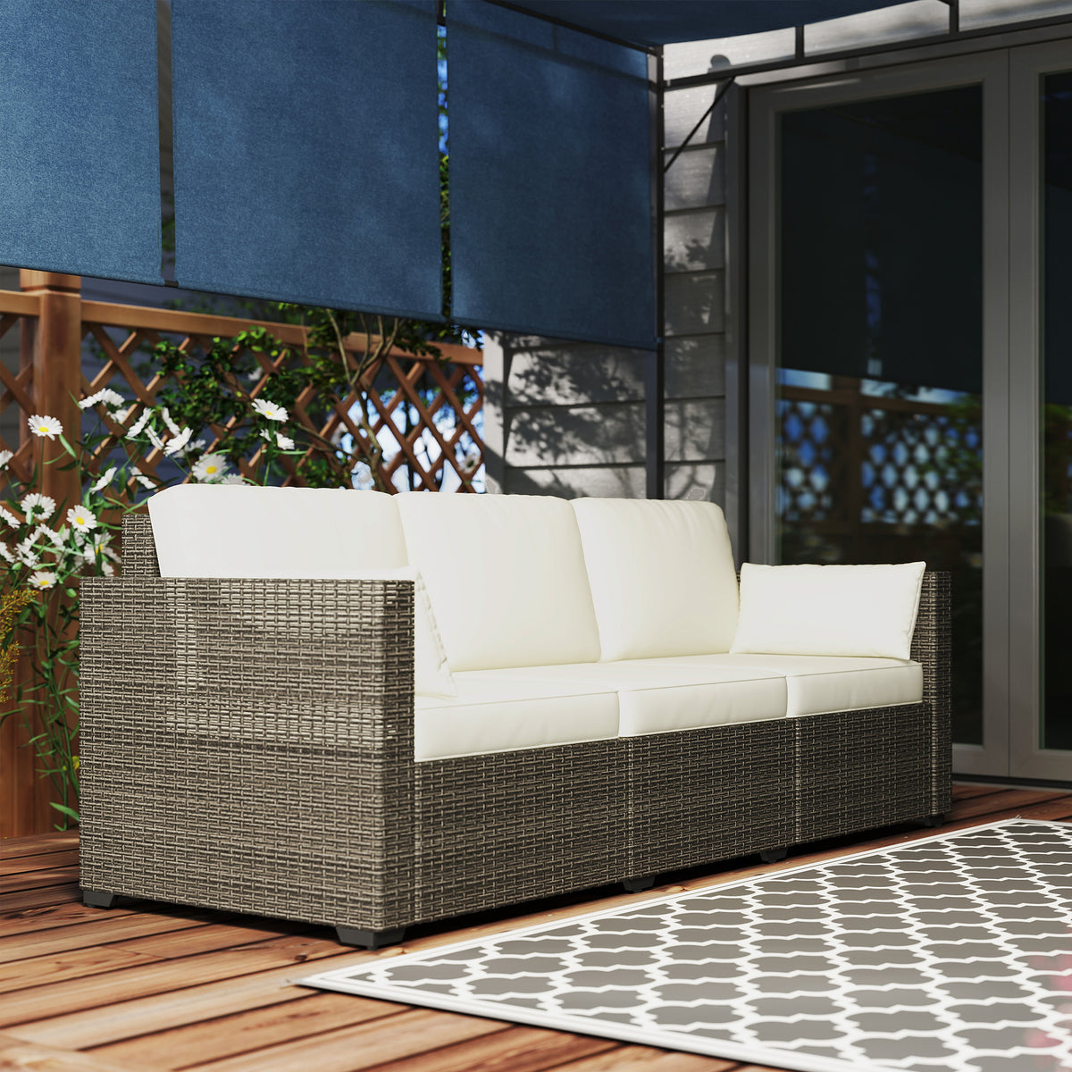3-Seater Outdoor Sofa PE Rattan Cream White-Outdoor Furniture-DECOROLALA