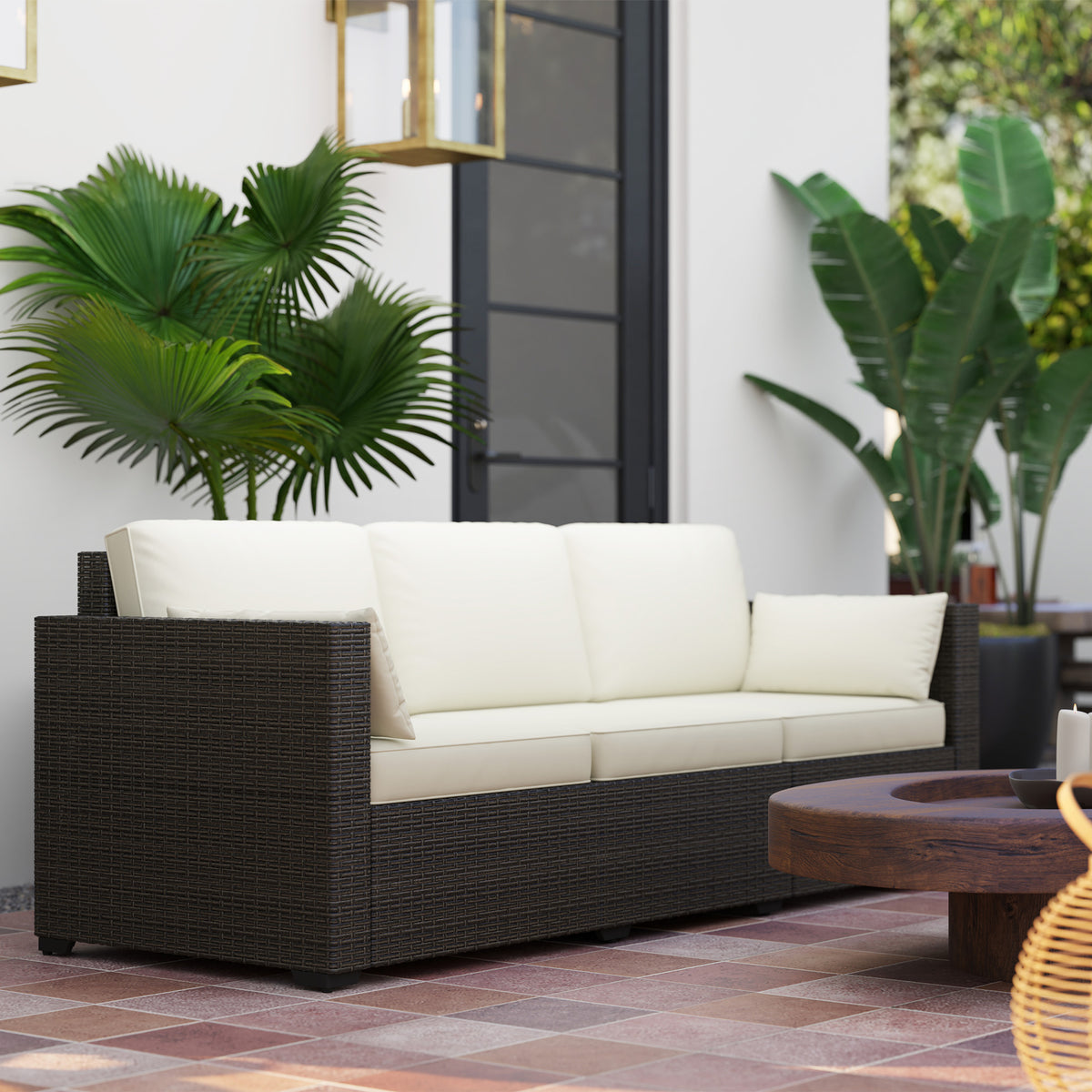 3-Seater Outdoor Sofa PE Rattan Cream White-Outdoor Furniture-DECOROLALA