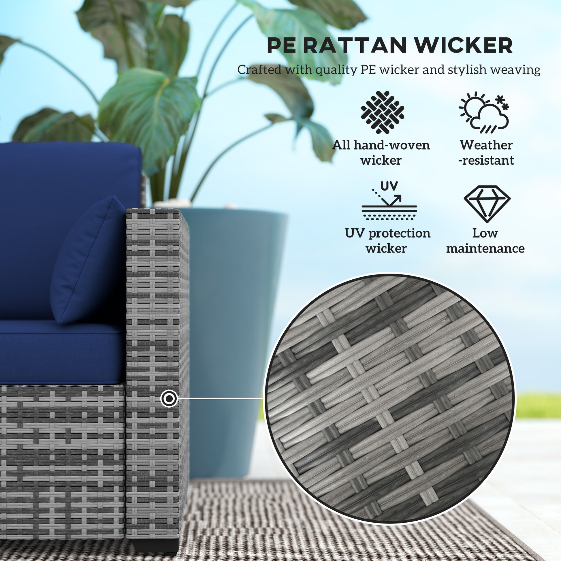 3-Seater Outdoor Sofa PE Rattan Dark Blue-DECOROLALA