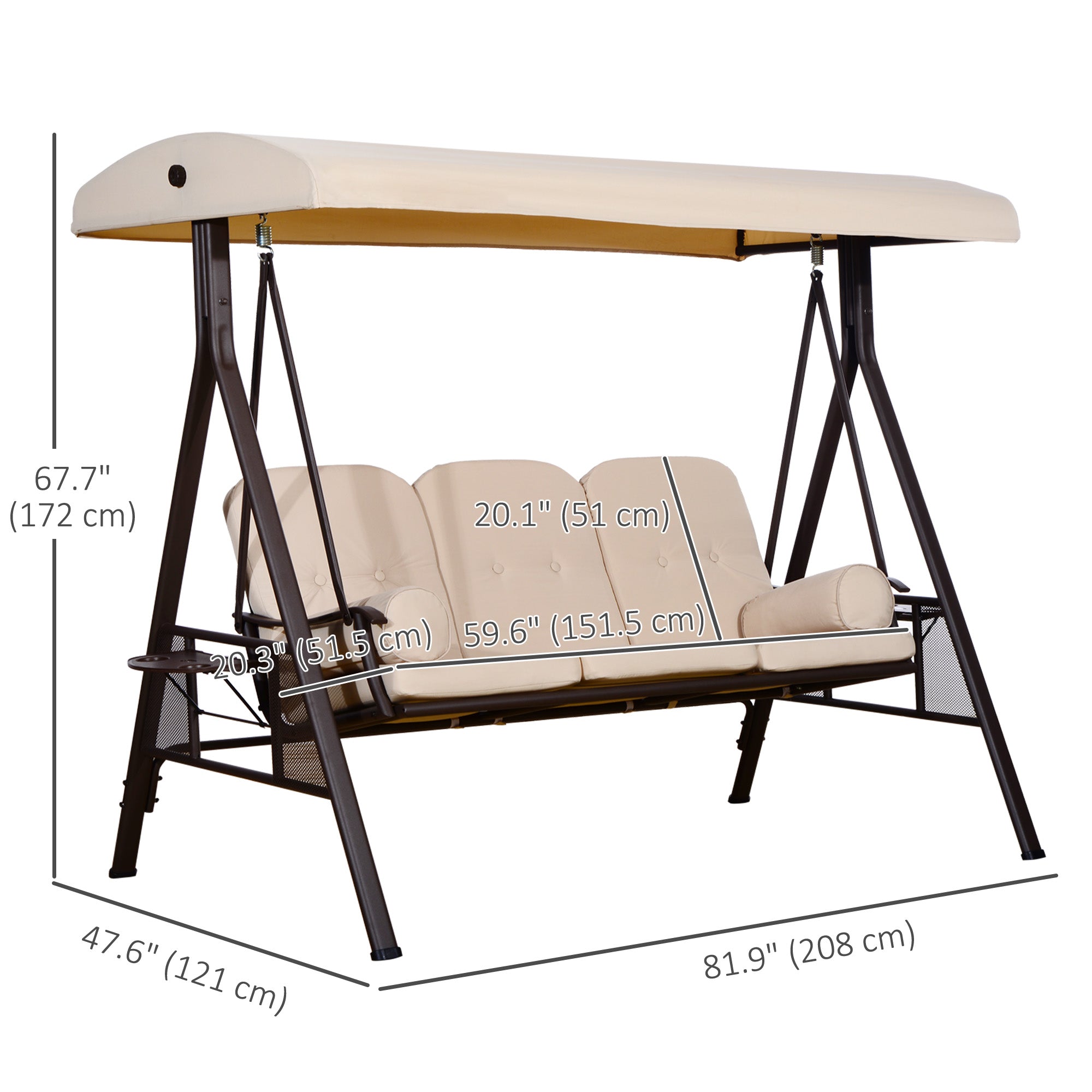 3 Seater Outdoor Swing Chair - Beige Cushioned Tilt Canopy-DECOROLALA