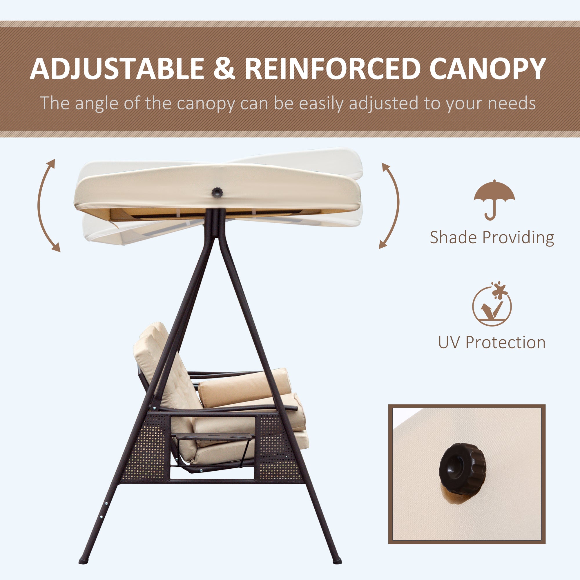 3 Seater Outdoor Swing Chair - Beige Cushioned Tilt Canopy-DECOROLALA