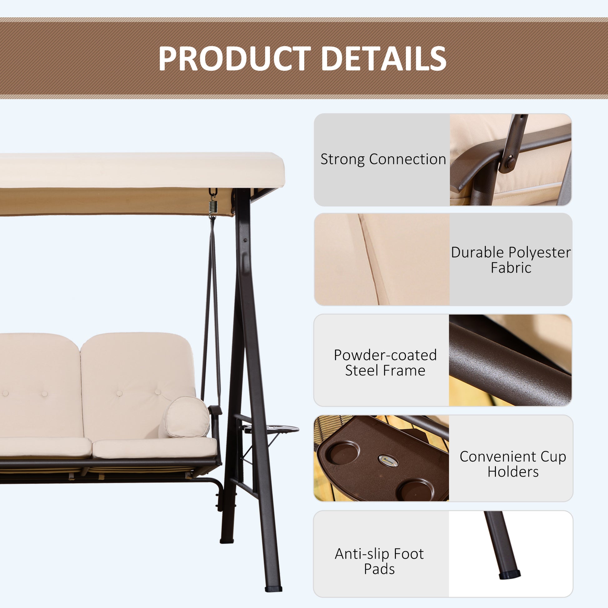 3 Seater Outdoor Swing Chair - Beige Cushioned Tilt Canopy-DECOROLALA