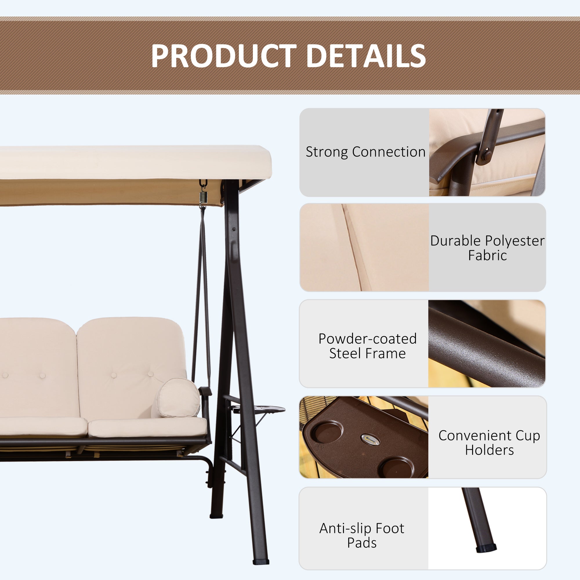3 Seater Outdoor Swing Chair - Beige Cushioned Tilt Canopy-DECOROLALA