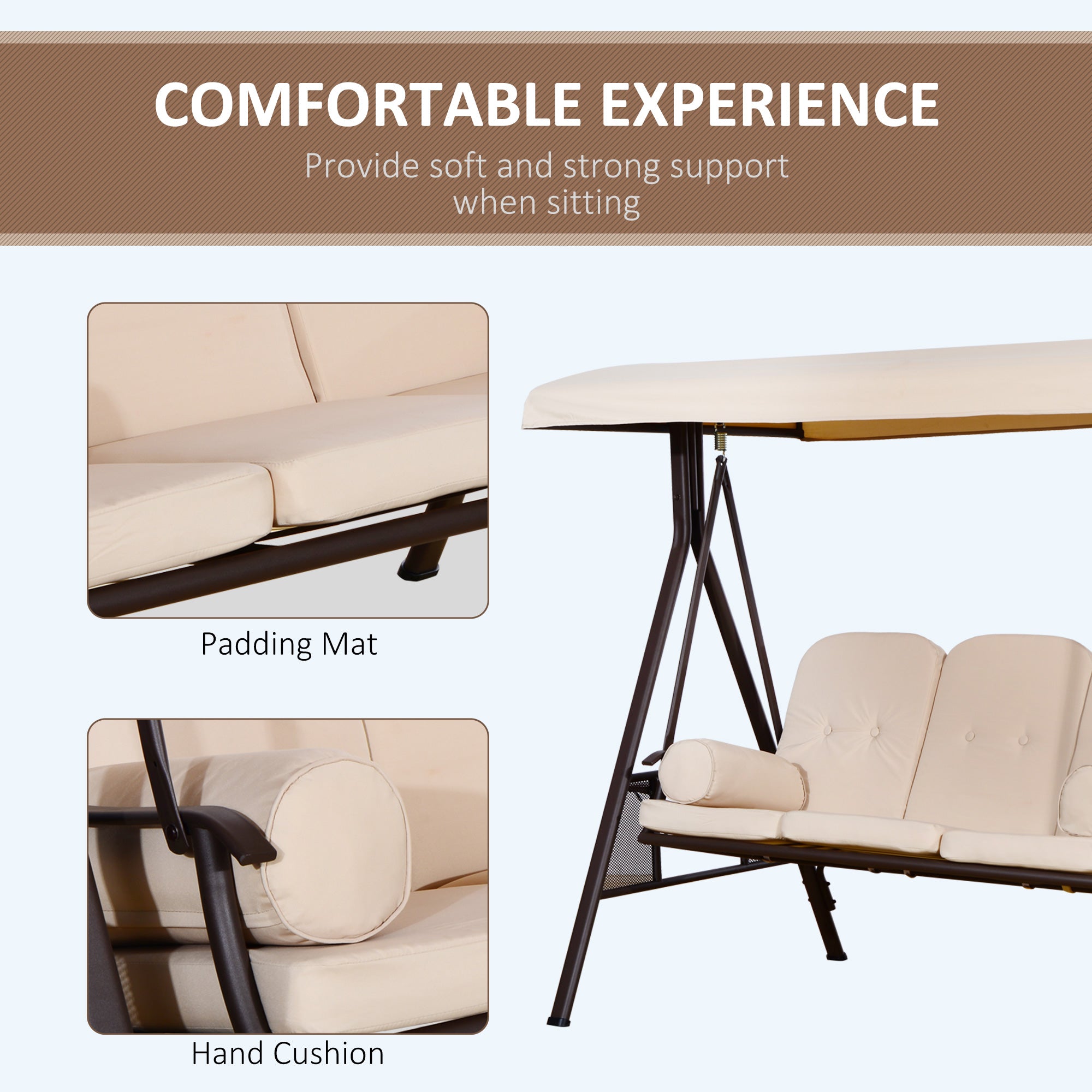 3 Seater Outdoor Swing Chair - Beige Cushioned Tilt Canopy-DECOROLALA