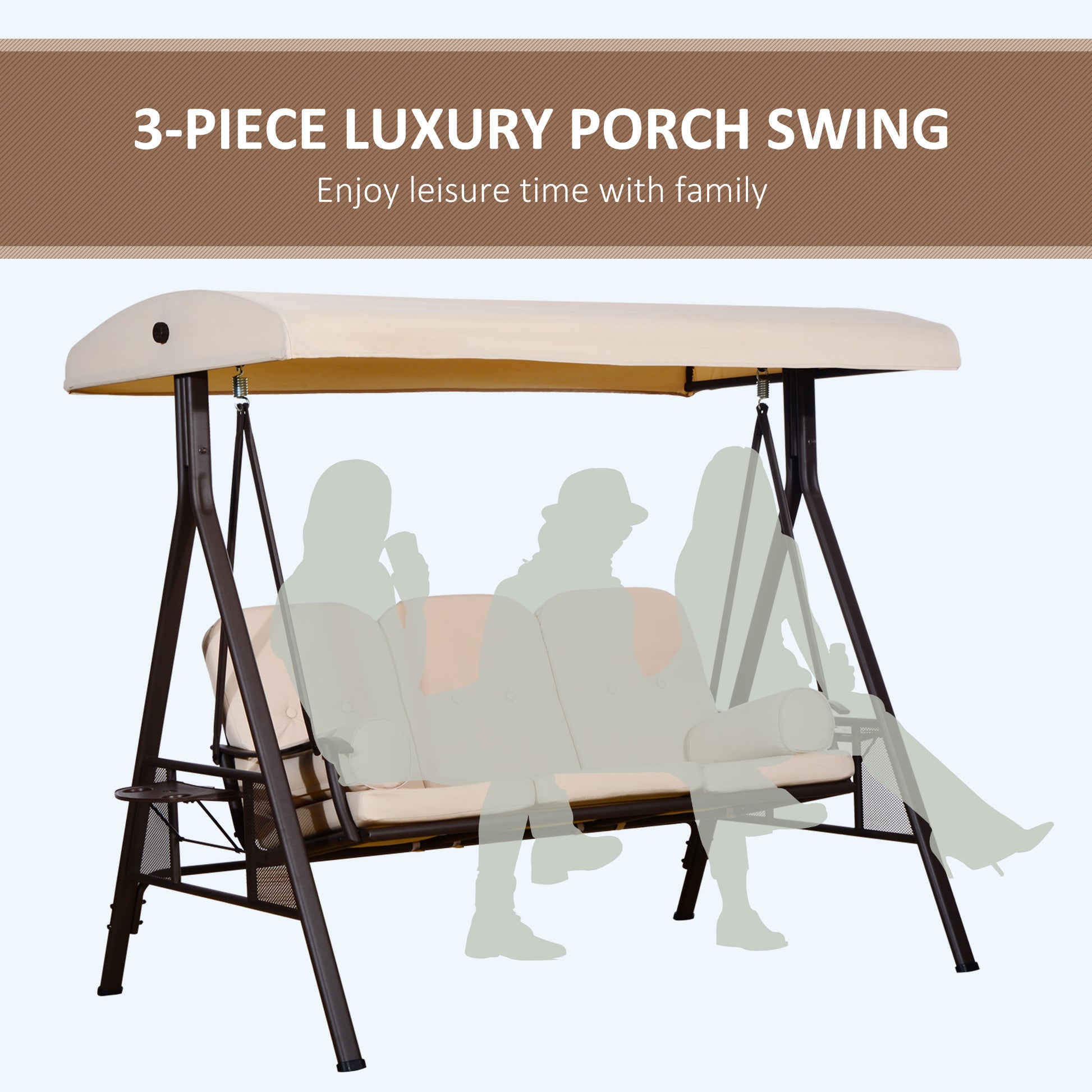 3 Seater Outdoor Swing Chair - Beige Cushioned Tilt Canopy-DECOROLALA