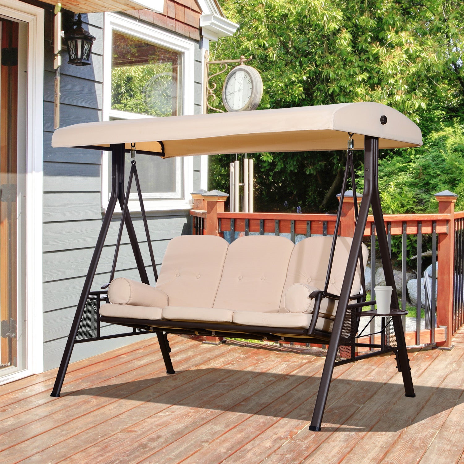3 Seater Outdoor Swing Chair - Beige Cushioned Tilt Canopy-DECOROLALA