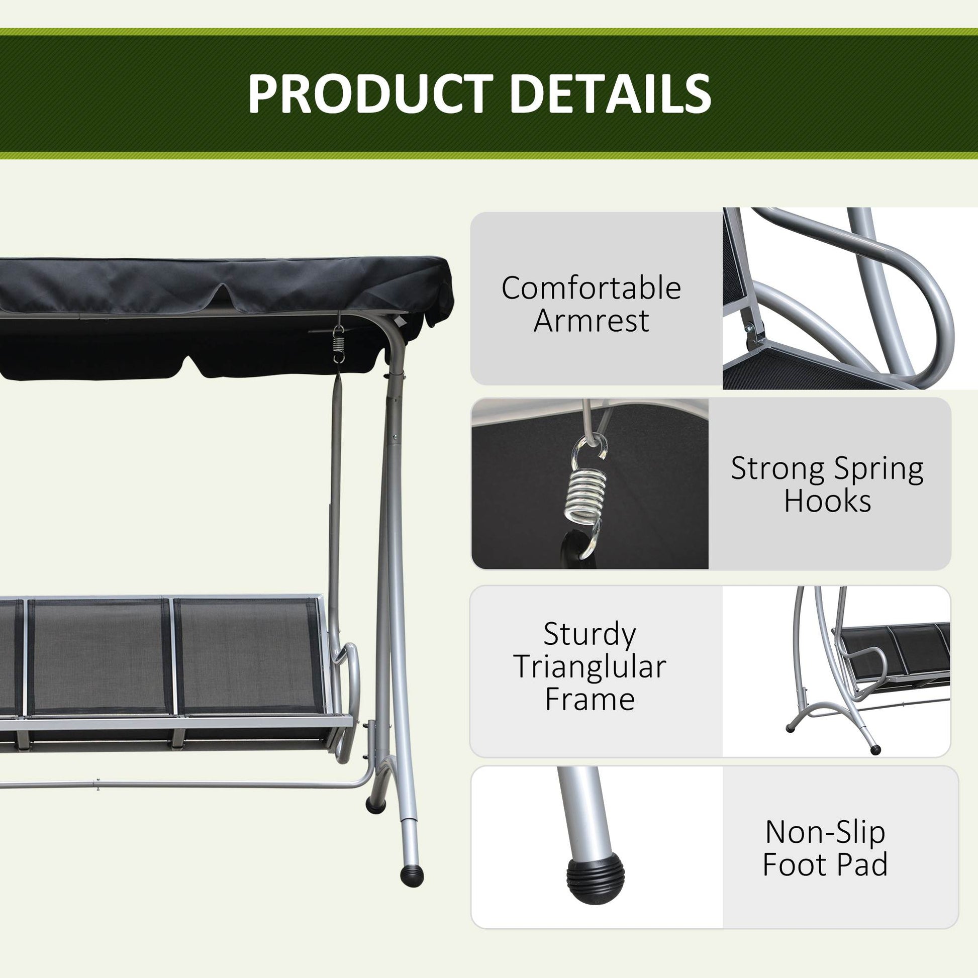 3-Seater Outdoor Swing Chair - Black Canopy-DECOROLALA