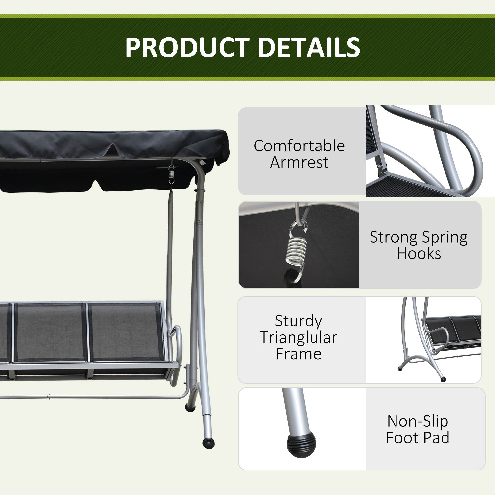 3-Seater Outdoor Swing Chair - Black Canopy-DECOROLALA