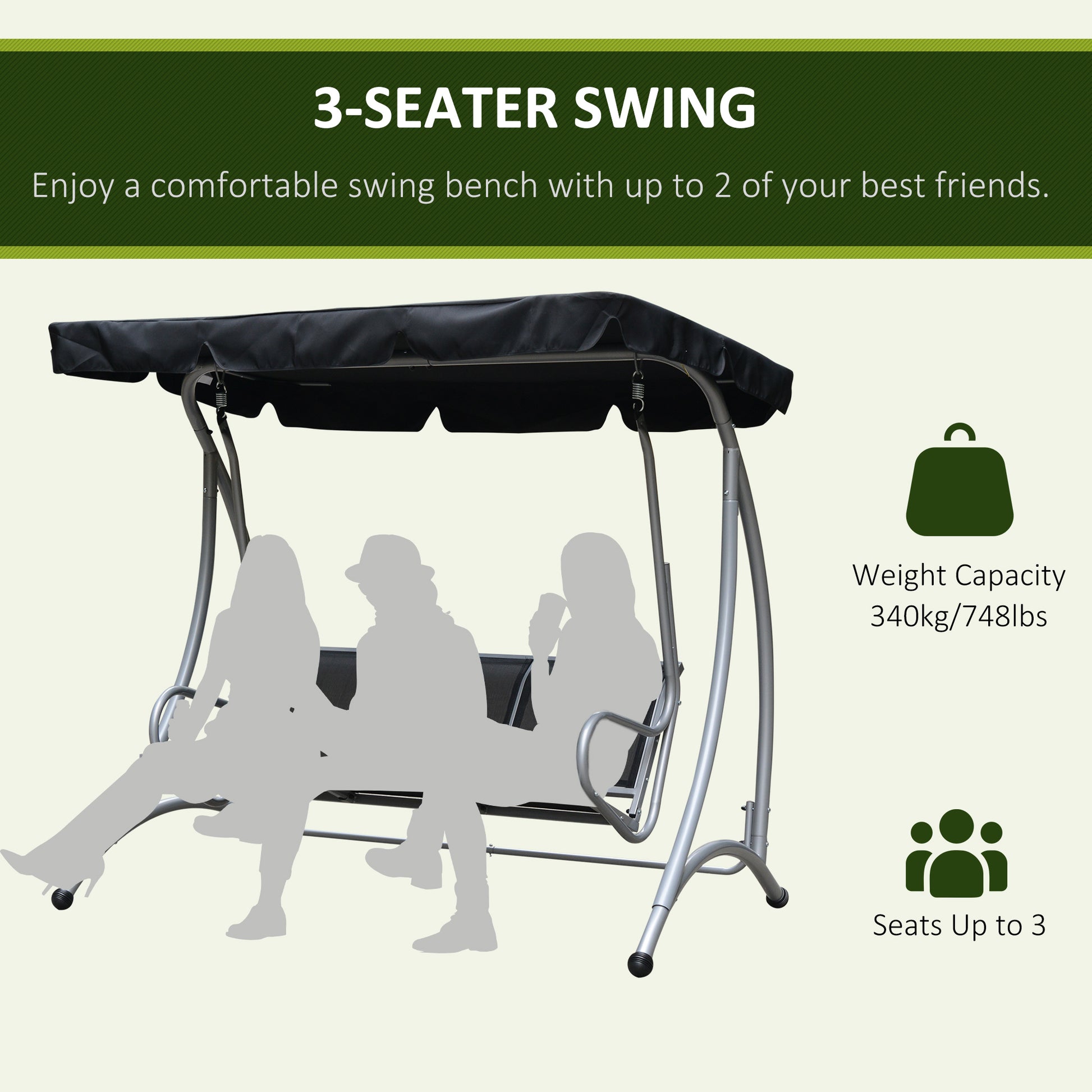 3-Seater Outdoor Swing Chair - Black Canopy-DECOROLALA