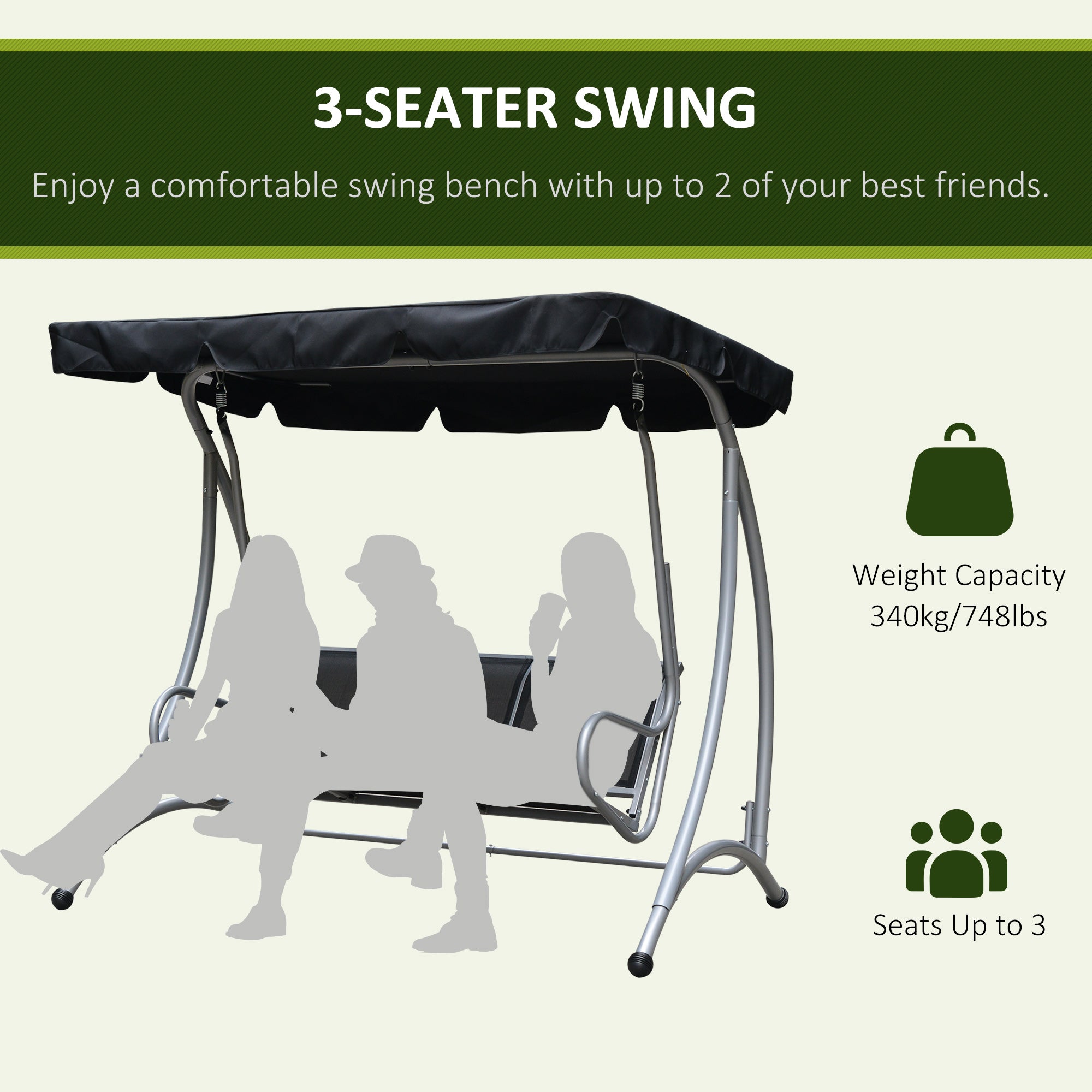 3-Seater Outdoor Swing Chair - Black Canopy-DECOROLALA