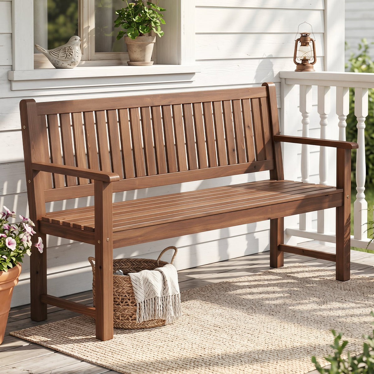 3-Seater Outdoor Wooden Bench 59 inch Large Garden Bench with Backrest-Brown-Outdoor Benches-DECOROLALA