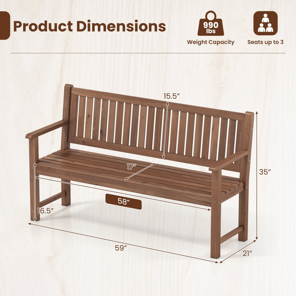 3-Seater Outdoor Wooden Bench 59 inch Large Garden Bench with Backrest-Brown-Outdoor Benches-DECOROLALA