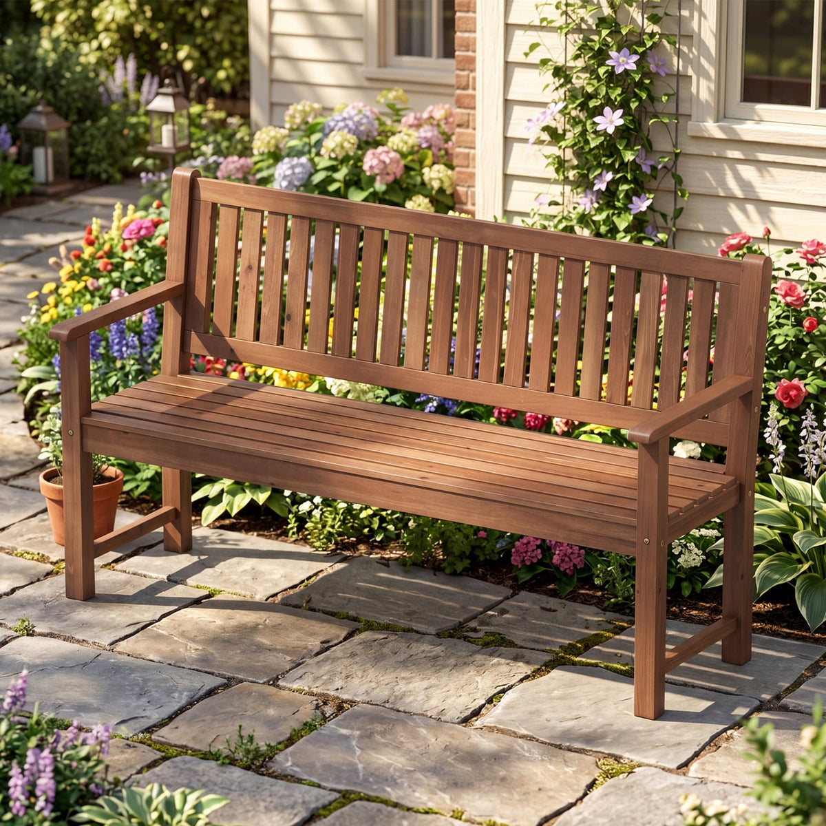 3-Seater Outdoor Wooden Bench 59 inch Large Garden Bench with Backrest-Brown-Outdoor Benches-DECOROLALA