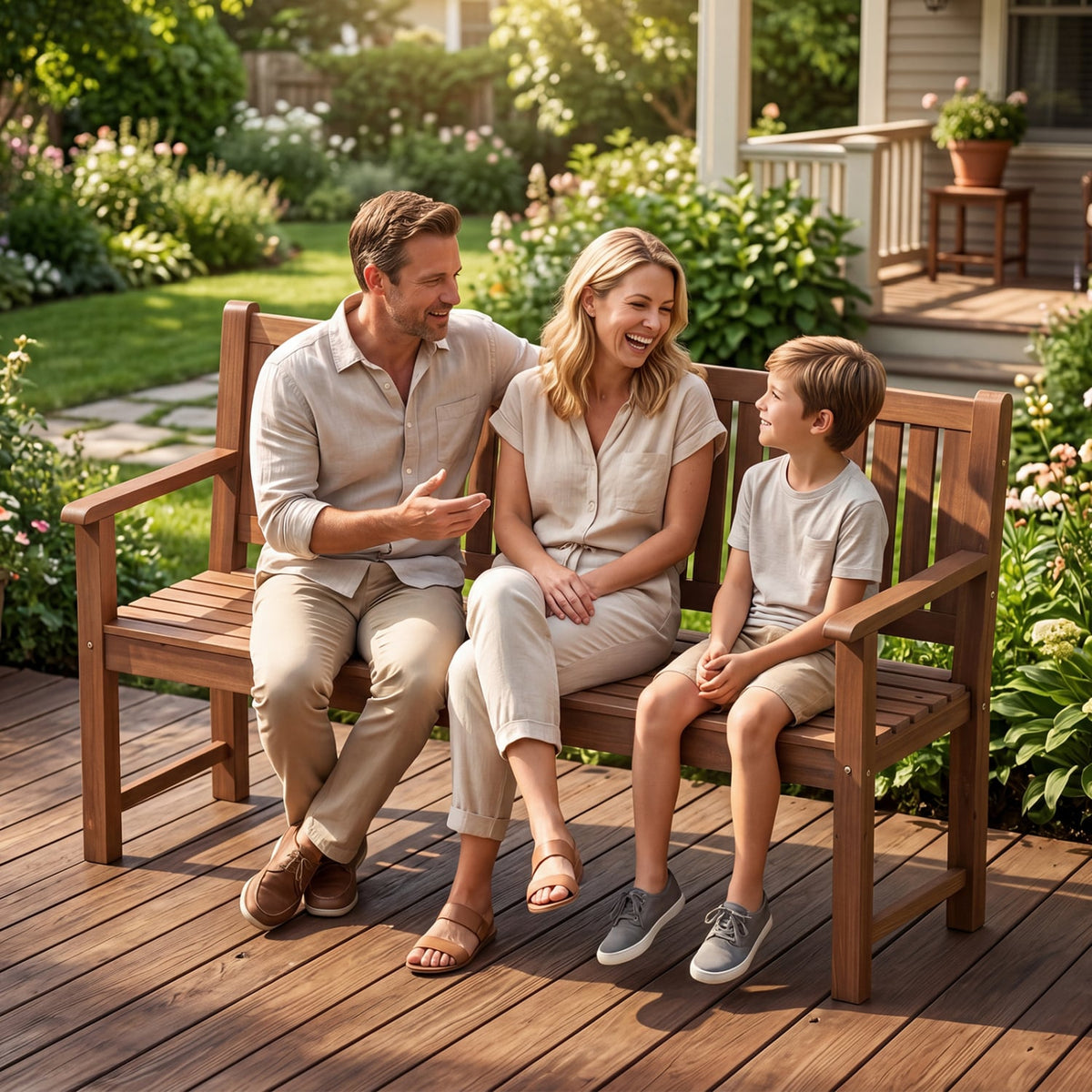 3-Seater Outdoor Wooden Bench 59 inch Large Garden Bench with Backrest-Brown-Outdoor Benches-DECOROLALA