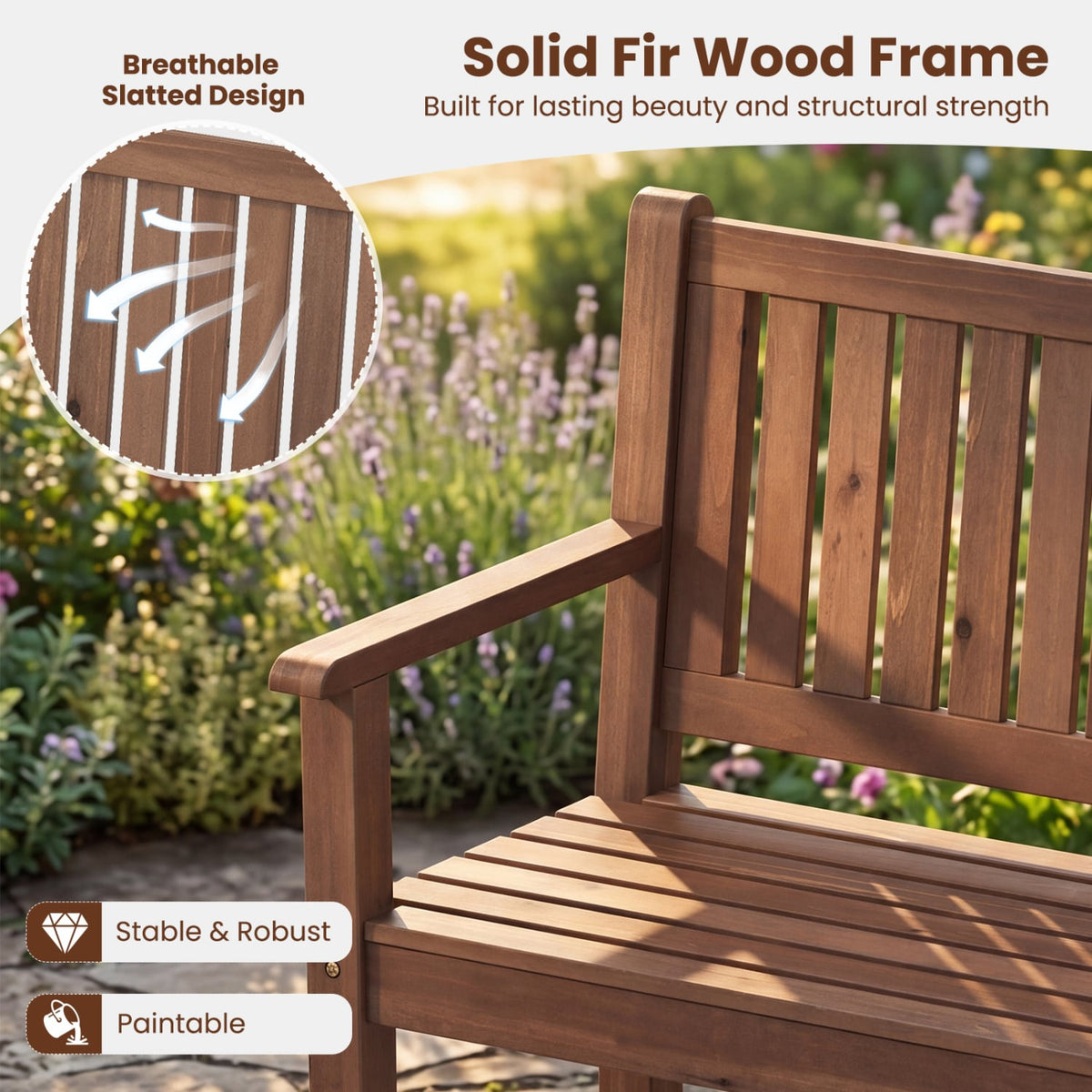 3-Seater Outdoor Wooden Bench 59 inch Large Garden Bench with Backrest-Brown-Outdoor Benches-DECOROLALA
