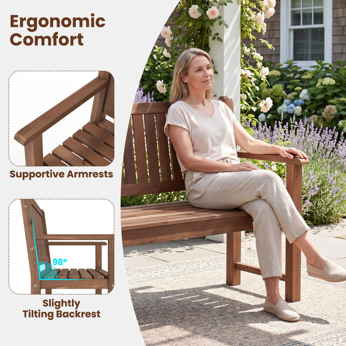 3-Seater Outdoor Wooden Bench 59 inch Large Garden Bench with Backrest-Brown-Outdoor Benches-DECOROLALA