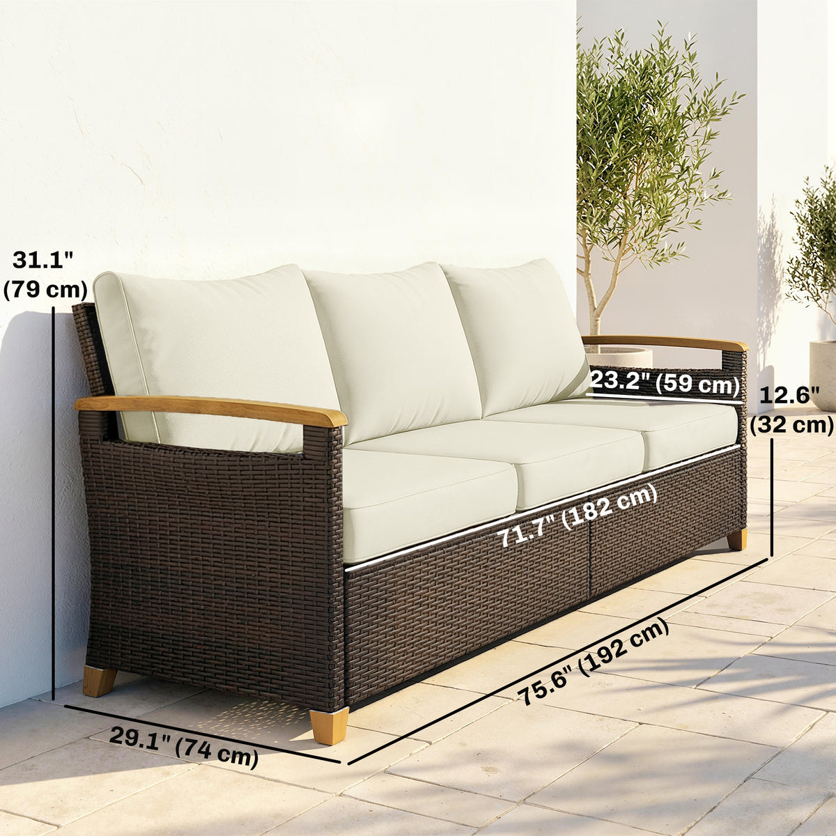 3-Seater PE Wicker Outdoor Sofa - Cream White-Outdoor Furniture-DECOROLALA
