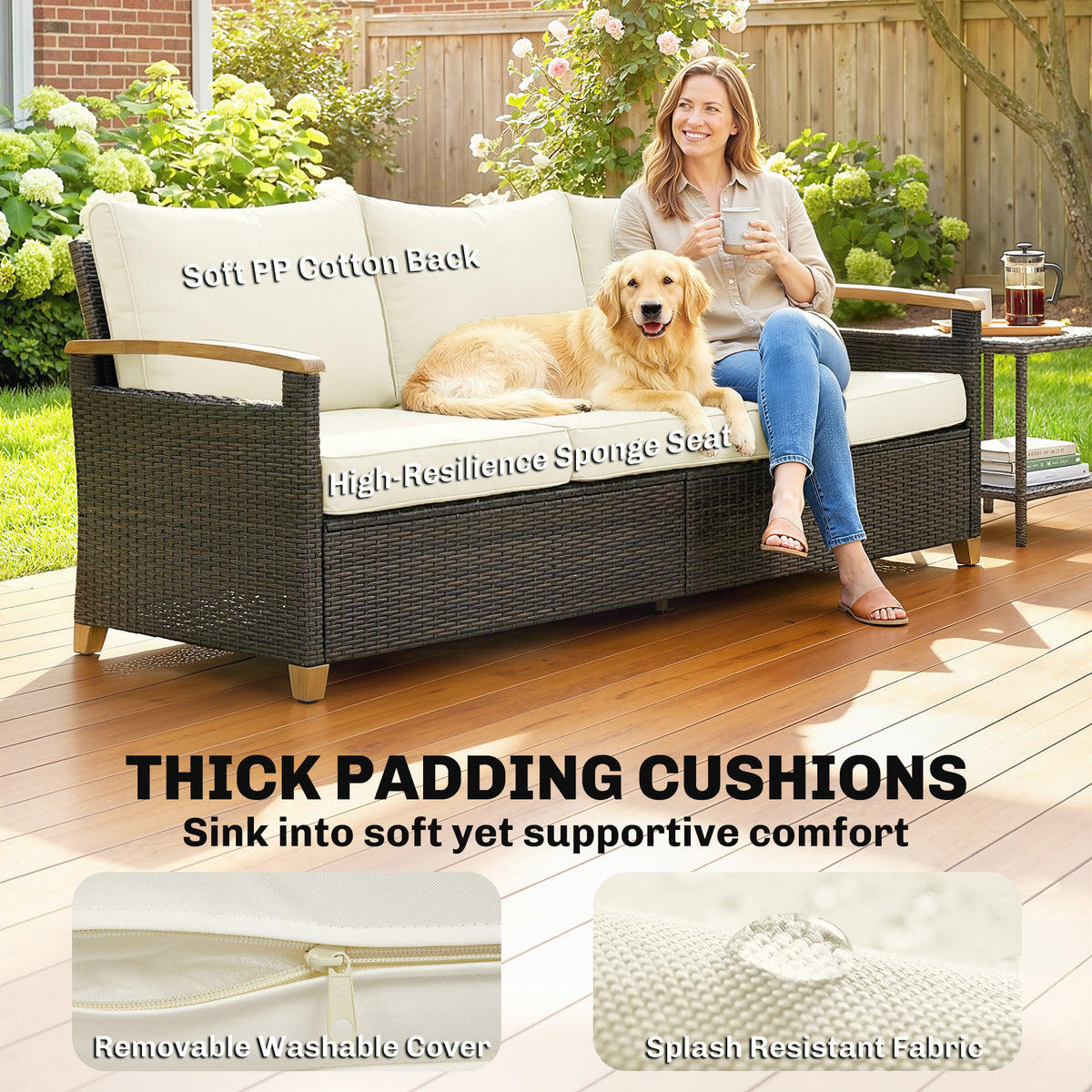 3-Seater PE Wicker Outdoor Sofa - Cream White-Outdoor Furniture-DECOROLALA