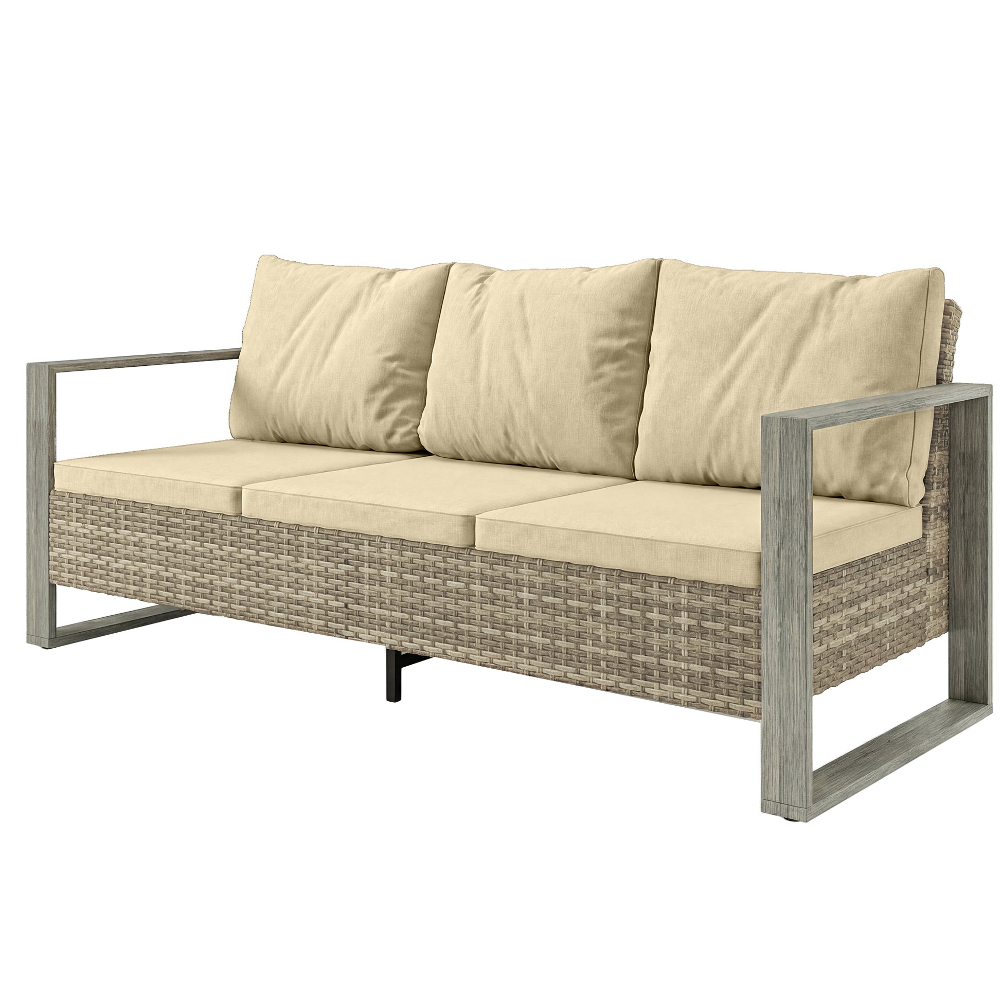 3-Seater Patio Couch - Khaki Wicker 67"W-DECOROLALA